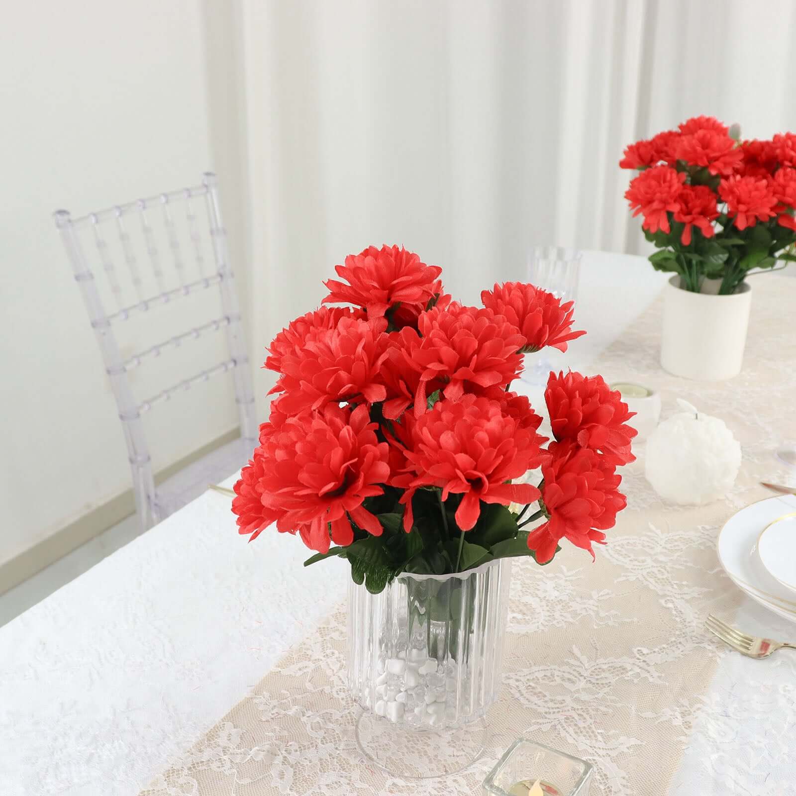 12 Bushes Red Artificial Silk Chrysanthemum Flower Bouquets