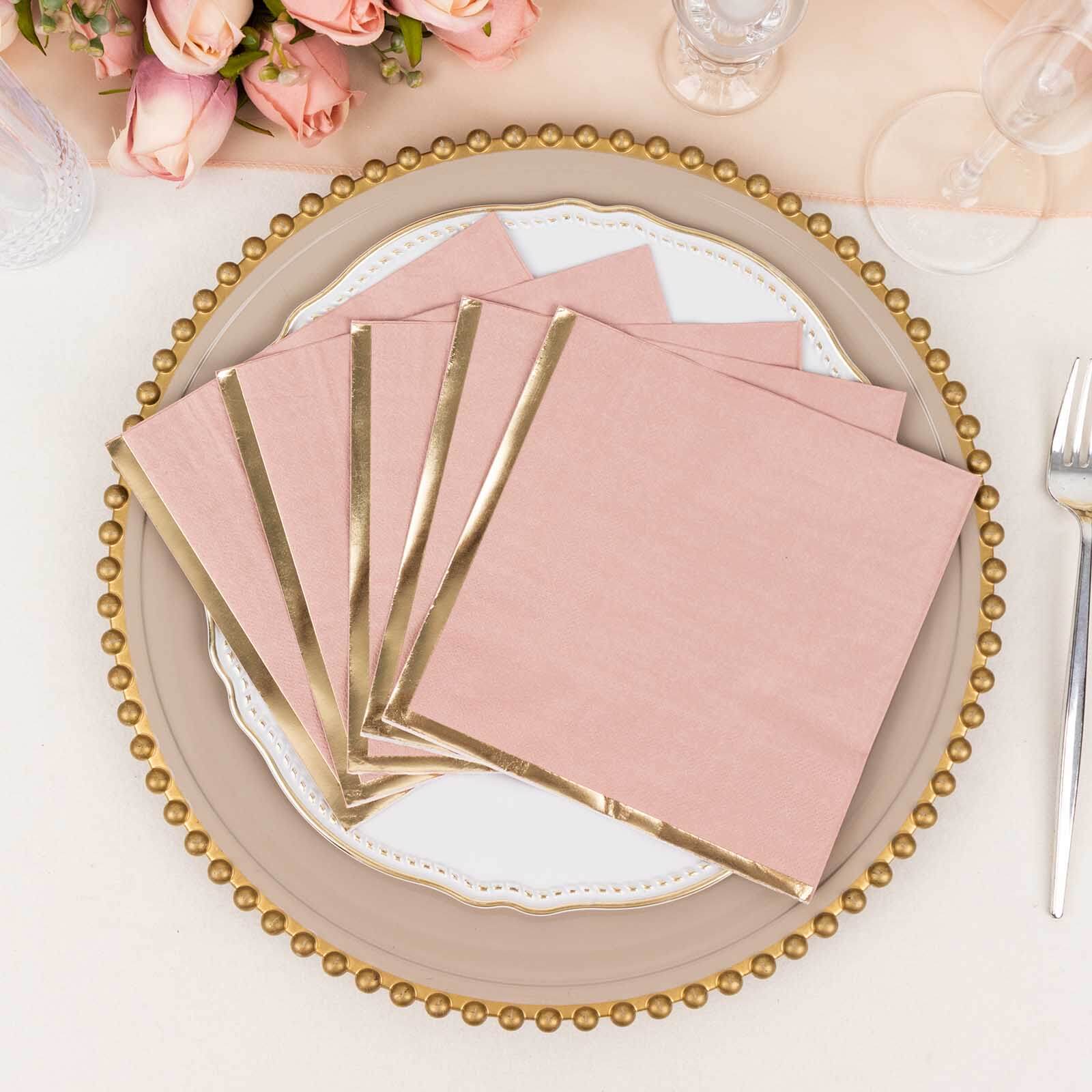 50-Pack Paper Beverage Napkins with Gold Foil Edge Dusty Rose - Disposable 2 Ply Cocktail Napkins for Events 6.5x6.5