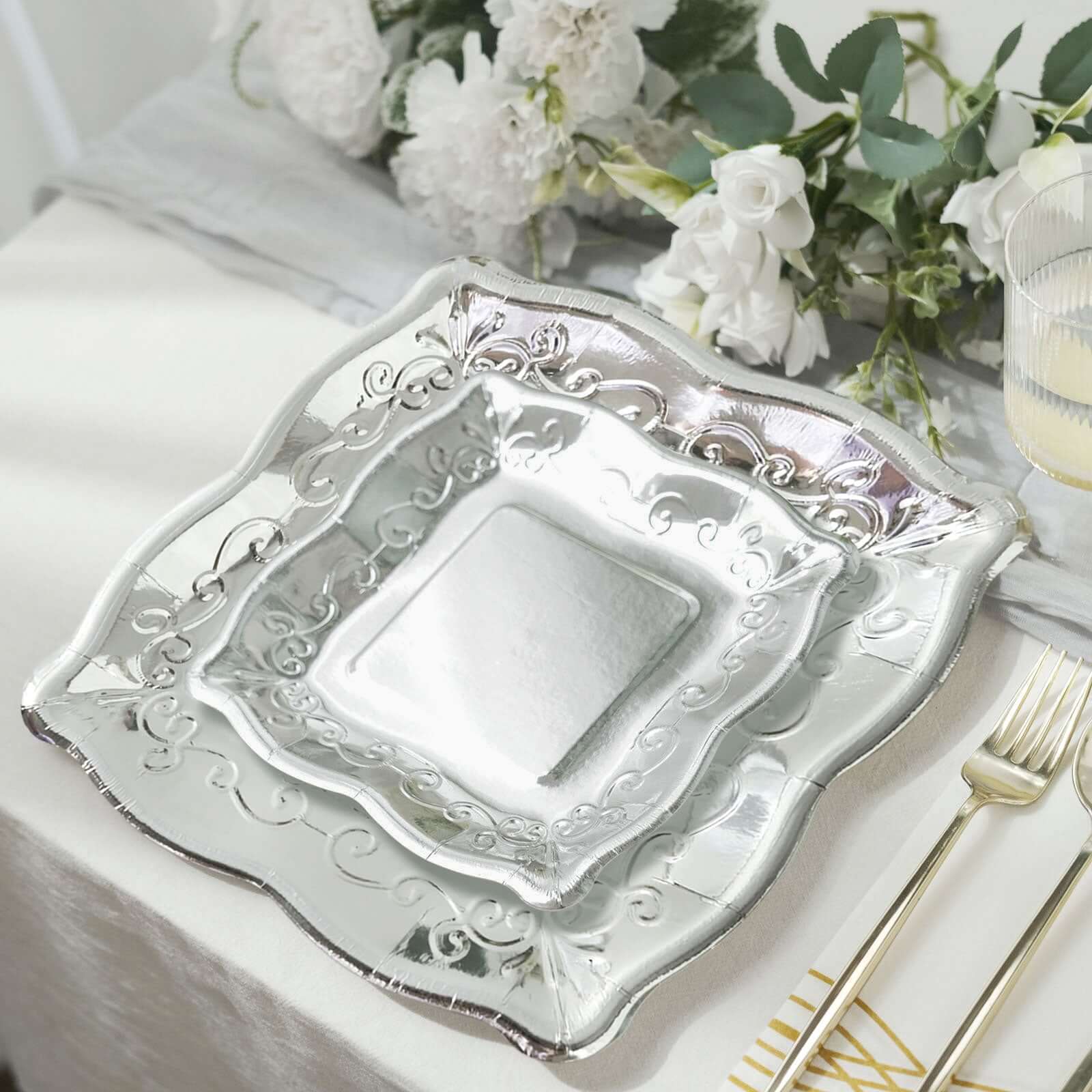 25-Pack Paper 7 Square Dessert Plates in Silver with Vintage Pottery Embossed Design - Shiny Metallic Disposable Appetizer Plates