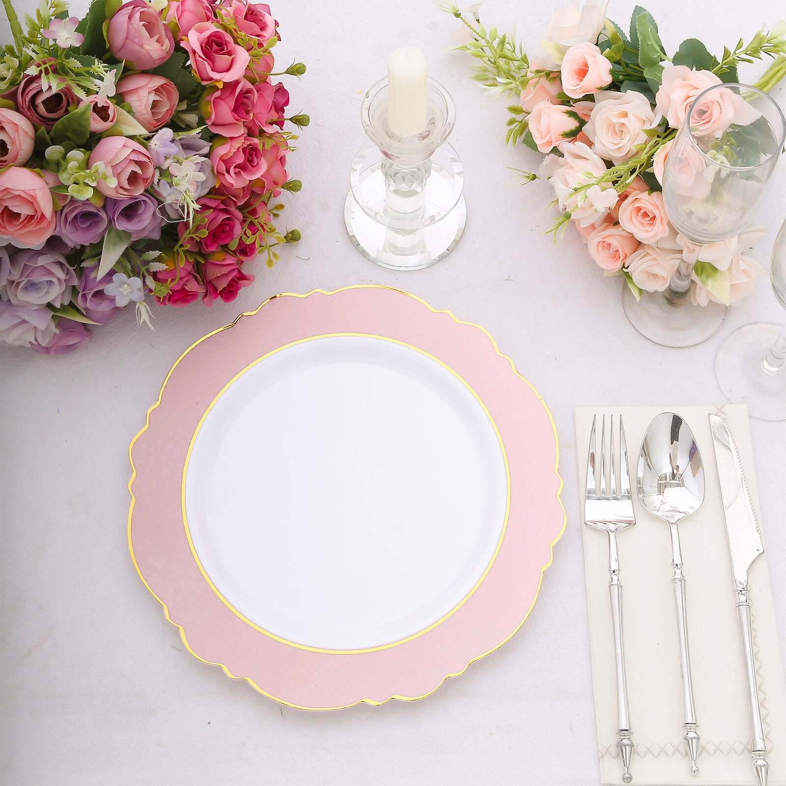 10-Pack Plastic 10 Round Dinner Plates in White with Blush Blossom Design & Gold Edging - Disposable Party Plates