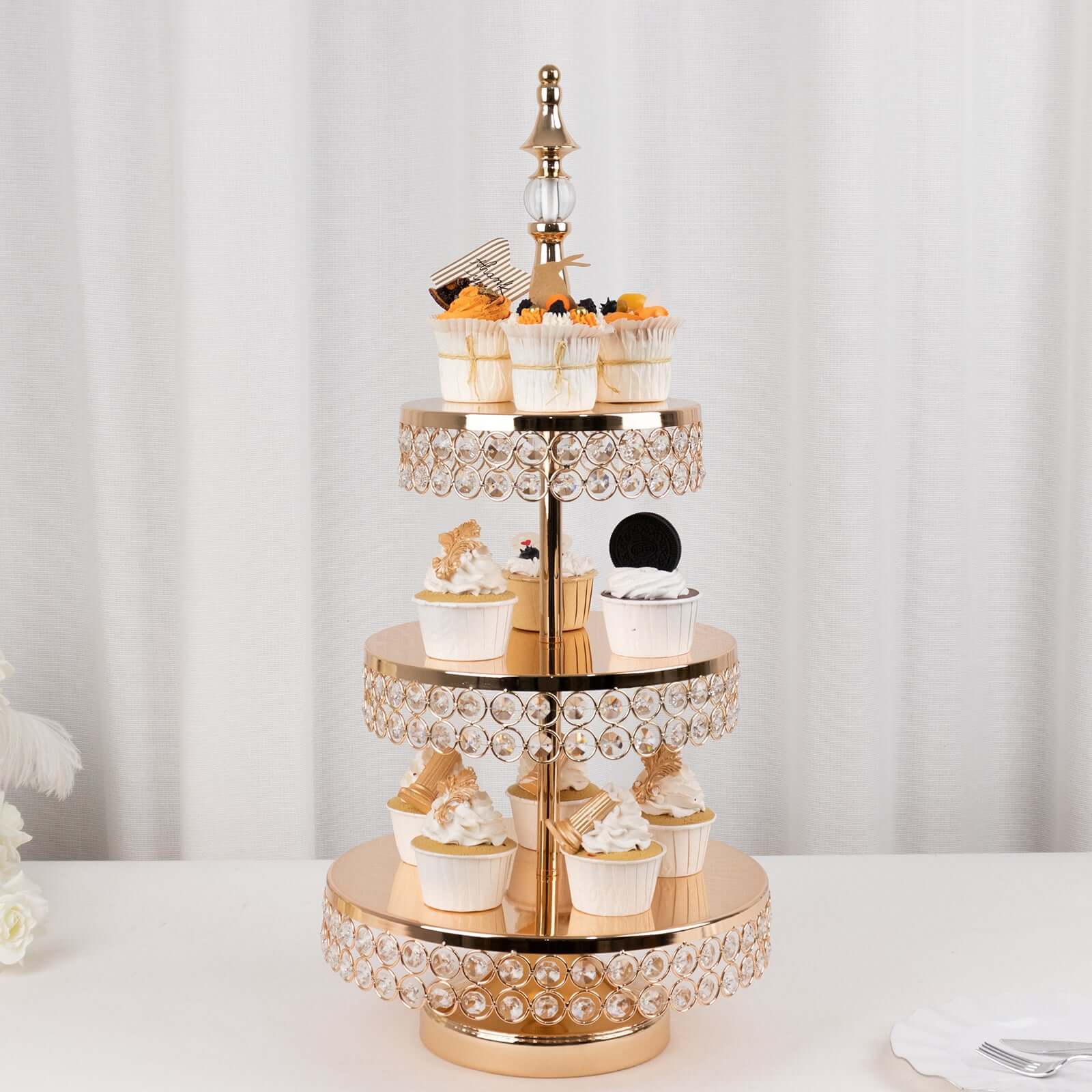 3-Tier Cake Stand Crystal Beaded Gold with Round Mirror Top - Metal Cupcake Tower Dessert Display 26