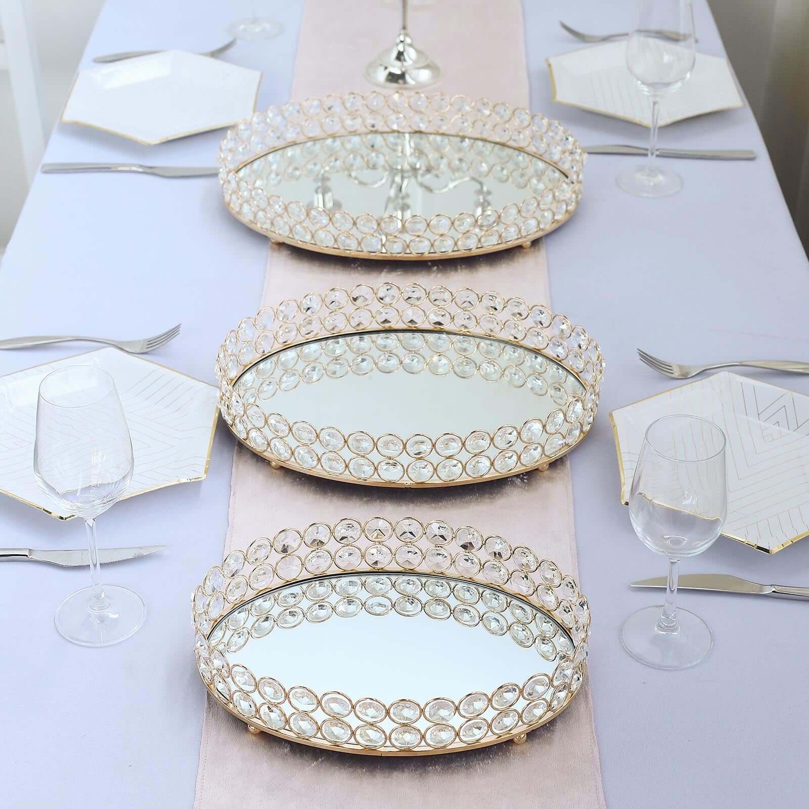 Metal Mirrored Oval Serving Tray 12x8 in Gold with Crystal Beads, Glamorous Decorative Vanity Tray Centerpiece