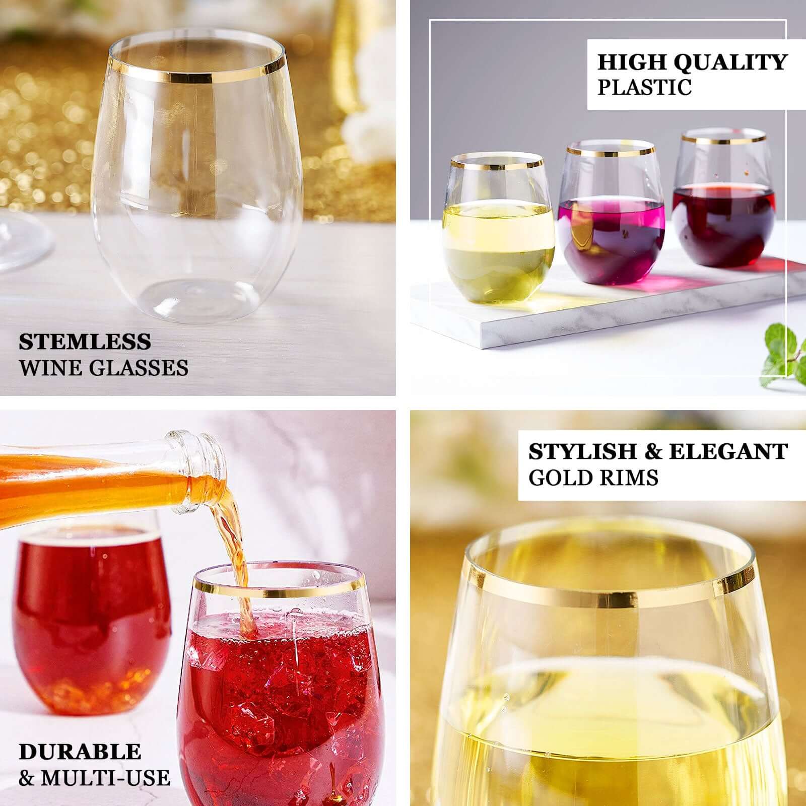 12-Pack Plastic Wine Tumblers Clear with Gold Rim - Reusable Drinkware 12oz