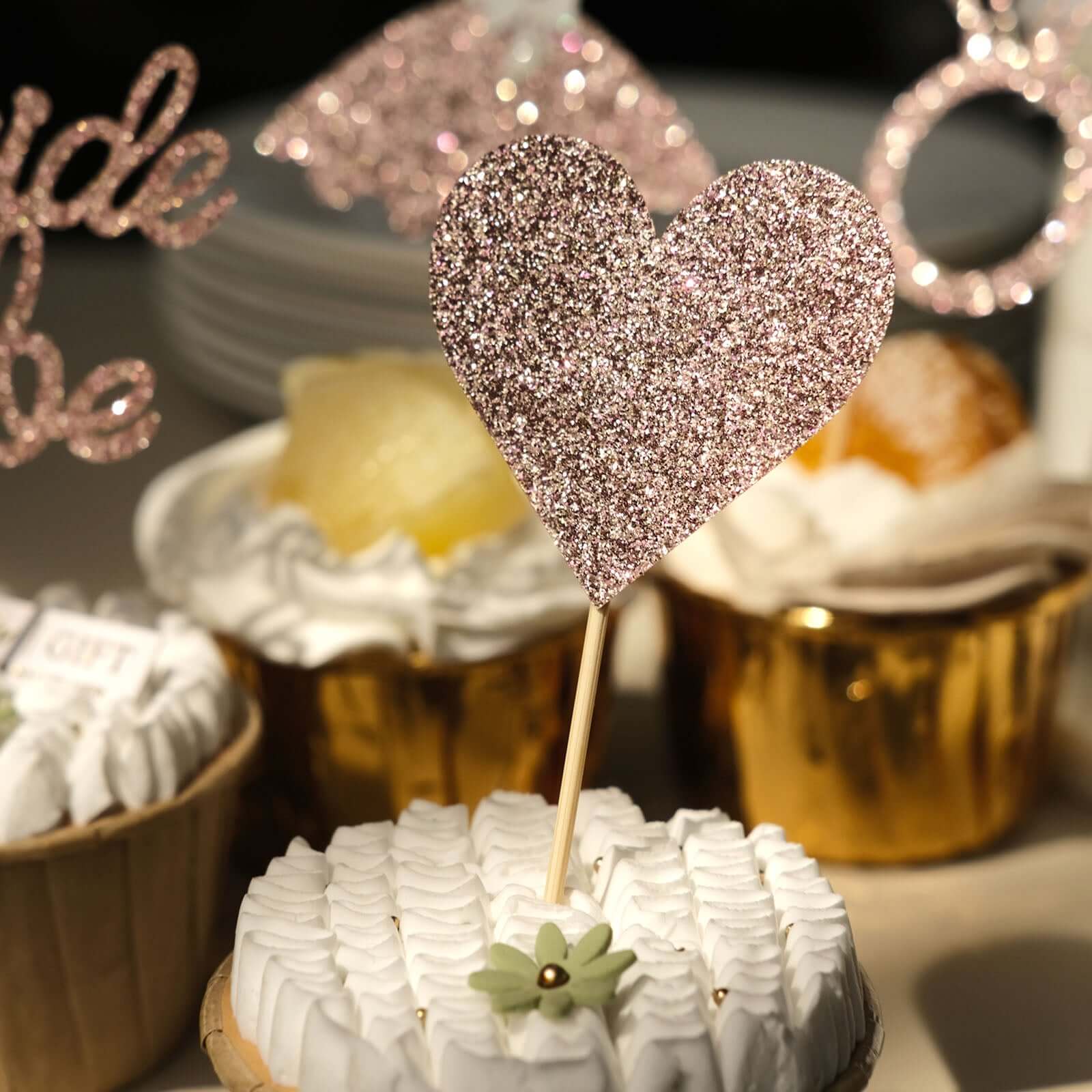 24-Pack Cupcake Topper Picks Bridal Shower Design Rose Gold Glitter - Wedding Cake Decoration Supplies Assorted Styles