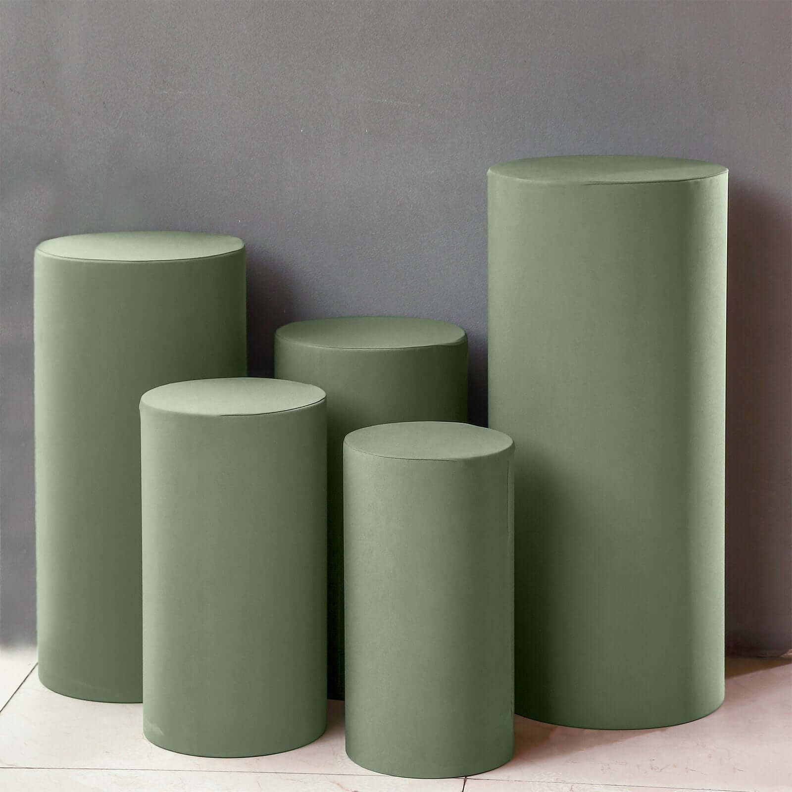 Set of 5 Dusty Sage Green Spandex Cylinder Pedestal Stand Covers, Stretchable Pillar Prop Covers - 160 GSM