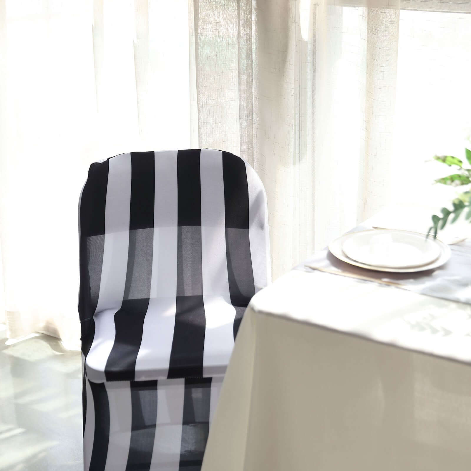 Stretch Spandex Chair Cover Black/White for Folding Chairs - 2 Striped Wrinkle Resistant Classy 160GSM Fitted Slipcover With Foot Pockets