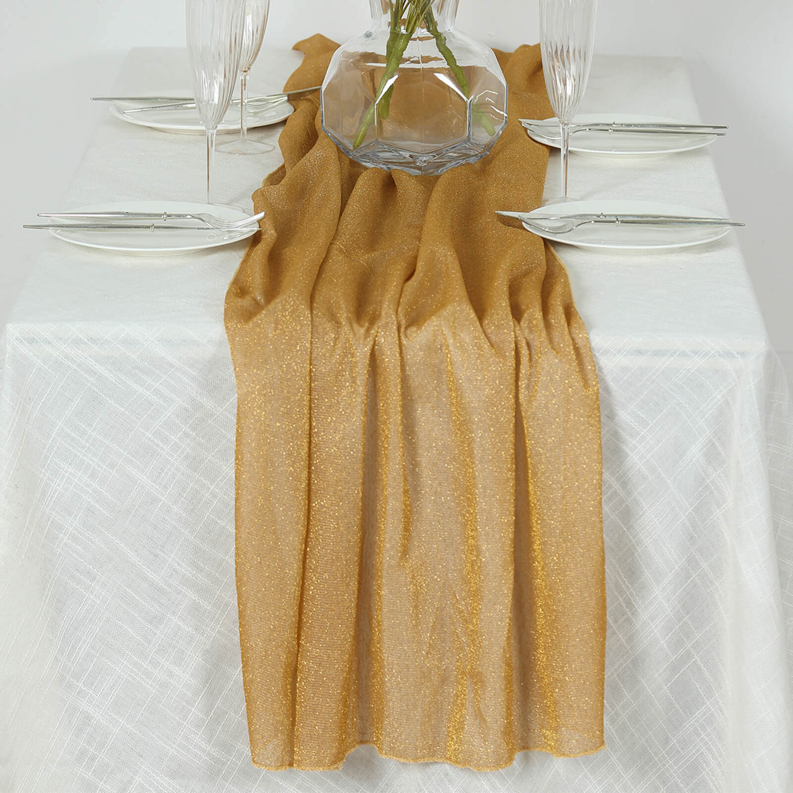 Glitter Gauze 27x120 Table Runner Gold - Sparkling Reusable Wrinkle-Free Sheer Table Linen for Events