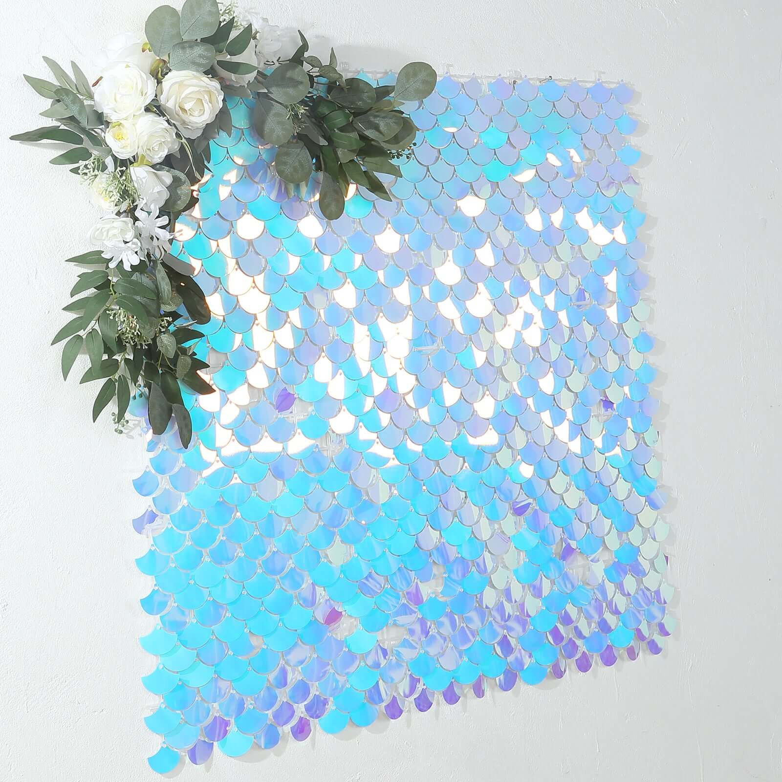 24sq.ft Shiny Iridescent Blue Sequin Shimmer Wall Photo Backdrop with Mermaid Scales Pattern, Party Wall Art Décor Panels - 24 Panels