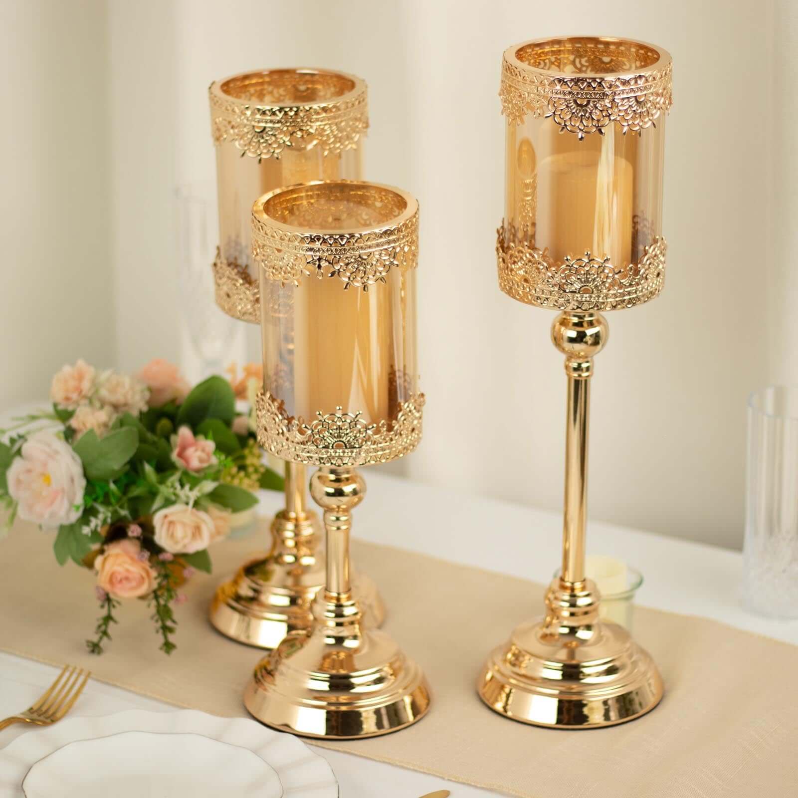 Set of 3 Lace Votive Candle Stands Antique Gold with Hurricane Glass Shades - Refined Pillar Candle Holders 13, 15, 17