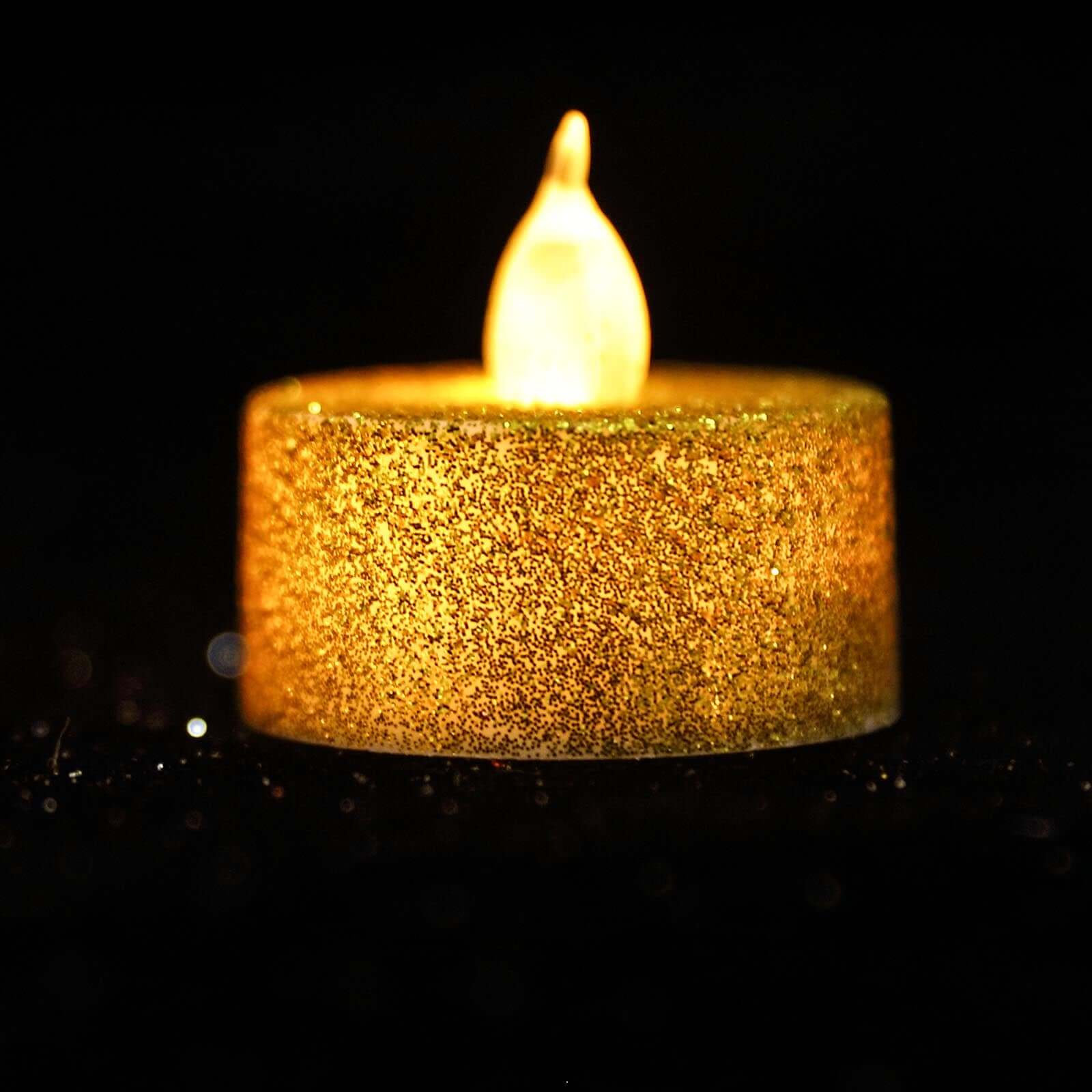 12-Pack LED Tealight Candles Glitter Gold Design - Flameless Battery Operated Tea Lights