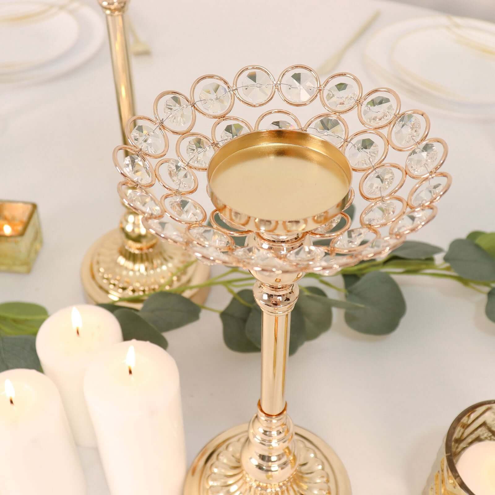 Set of 3 Metal Votive Candle Holders Crystal Beaded Design Gold - Tea Light Centerpieces 11, 13, 15