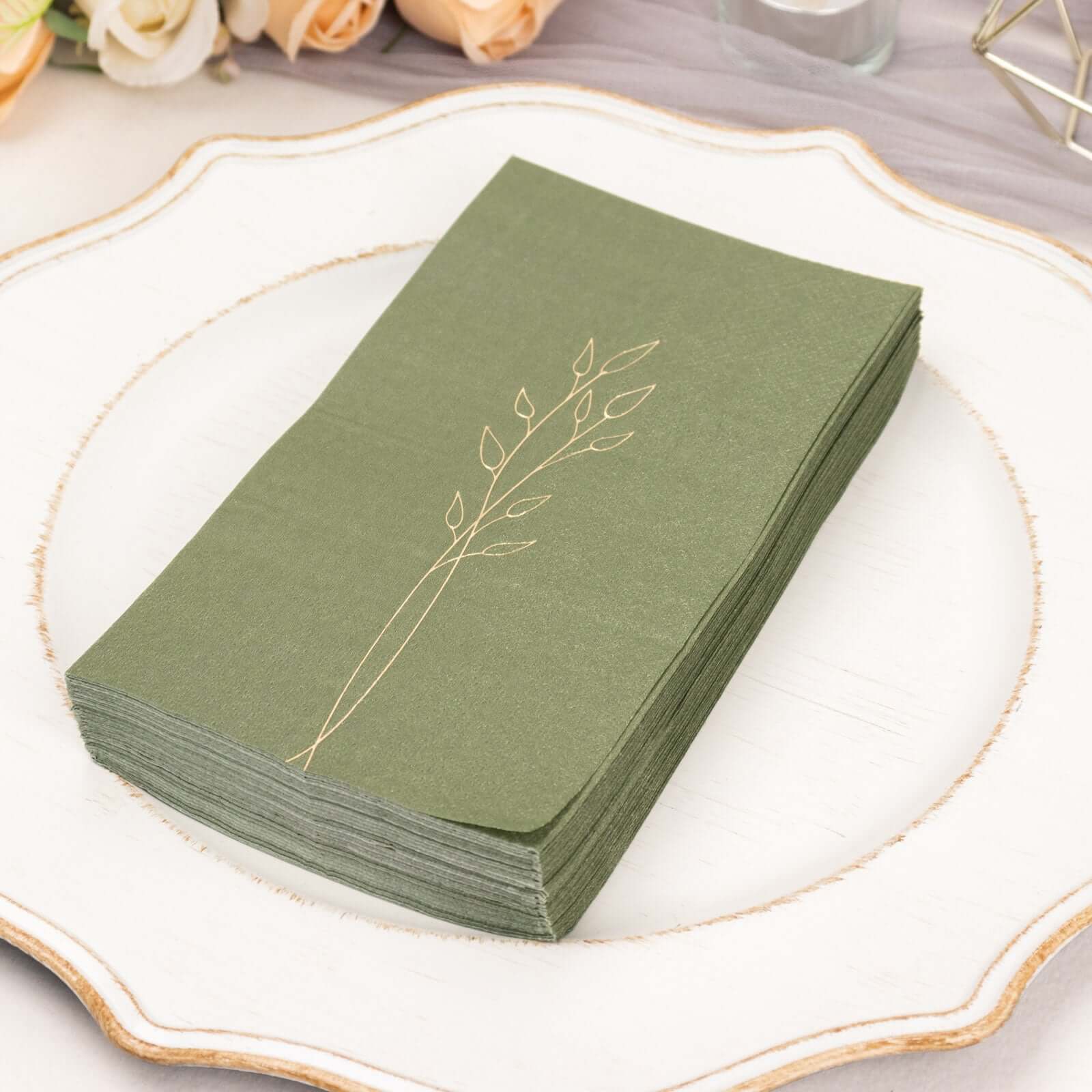 50-Pack Paper Dinner Napkins Olive Green with Gold Embossed Leaf - Stylish 2-Ply Disposable Napkins for Weddings 18GSM