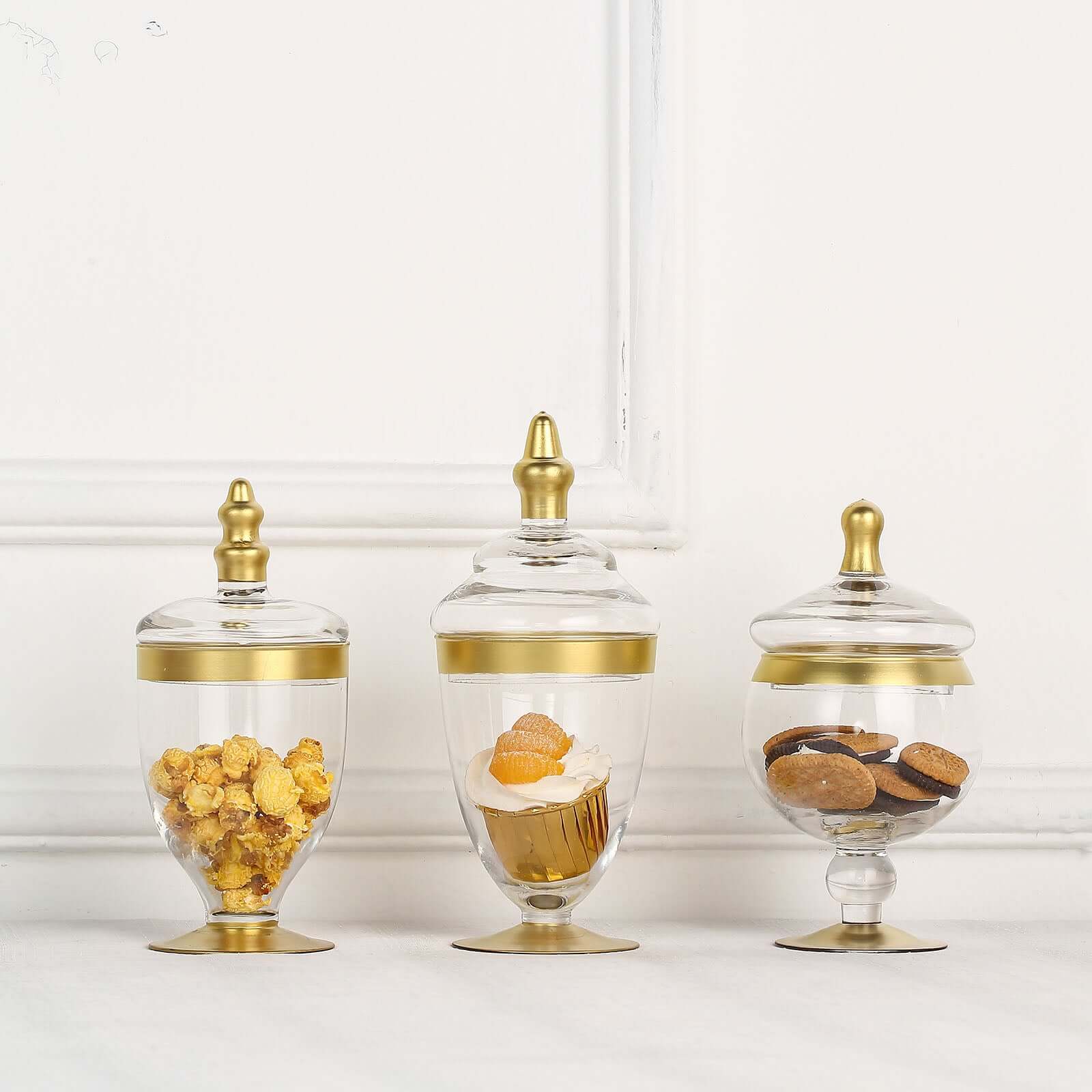 Set of 3 Glass Jars Apothecary Design Clear with Gold Trim and Snap-On Lids - Stylish Decorative Candy Buffet Storage 8.5, 9, 10