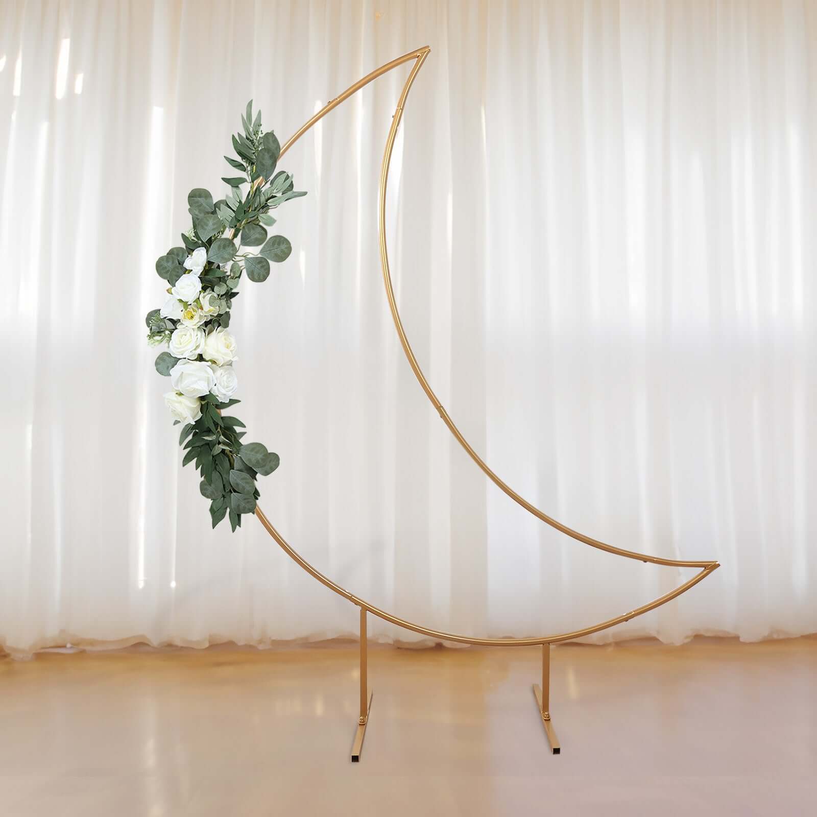 6.5ft Gold Metal Crescent Moon Wedding Arch Backdrop Stand, Curved Arbor Floral Balloon Frame with Sturdy Base