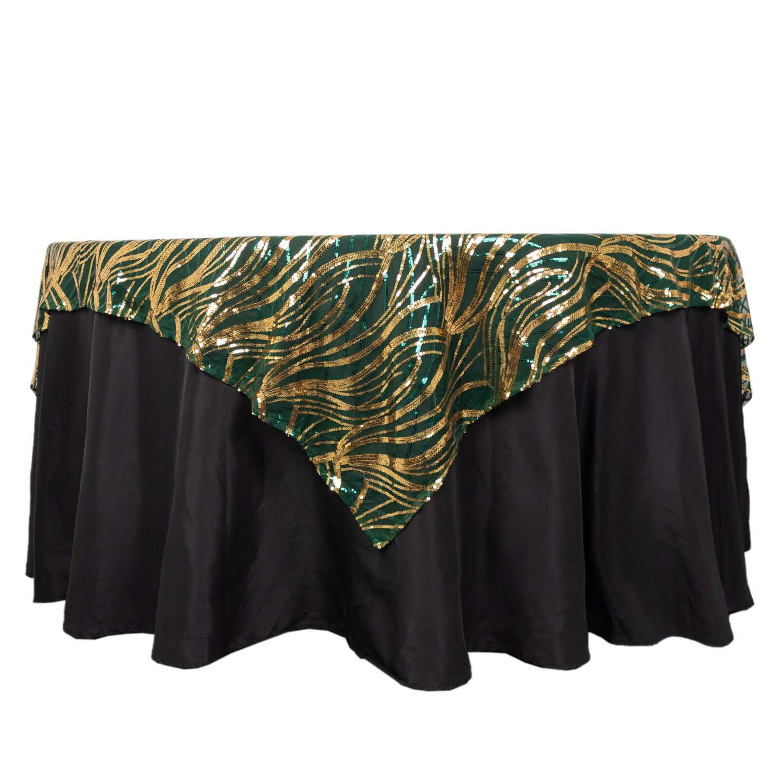 Mesh 72x72 Table Overlay Square Tablecloth Hunter Emerald Green - Wave Embroidered Sequins Table Topper