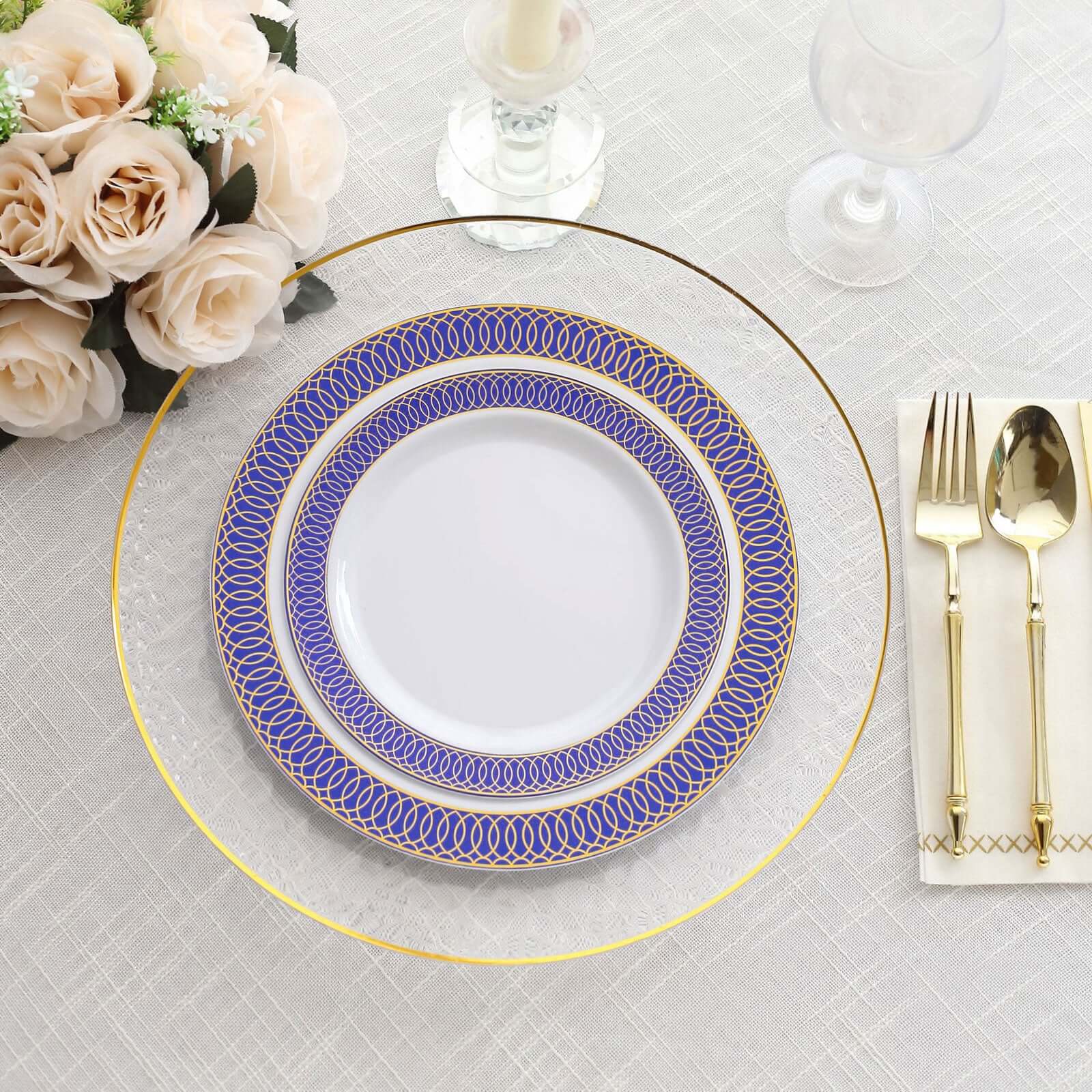 10-Pack Plastic Round Dinner Plates 10 White with Navy Blue Gold Spiral Rim - Chic Disposable Party Plates