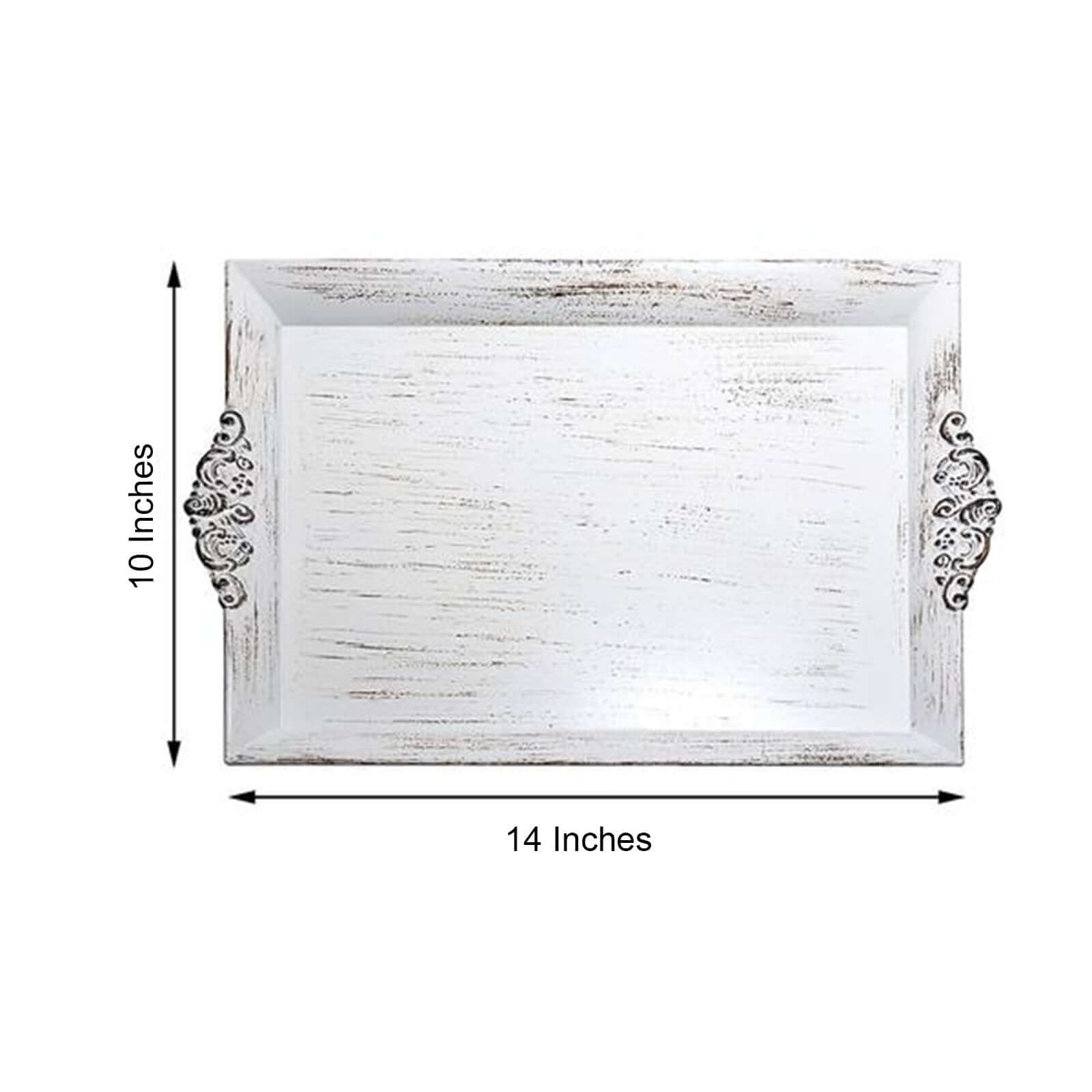 2-Pack Acrylic Rectangle Serving Trays 14x10 in White Wash with Embossed Handles, Antique Decorative Dinner Party Food Platters