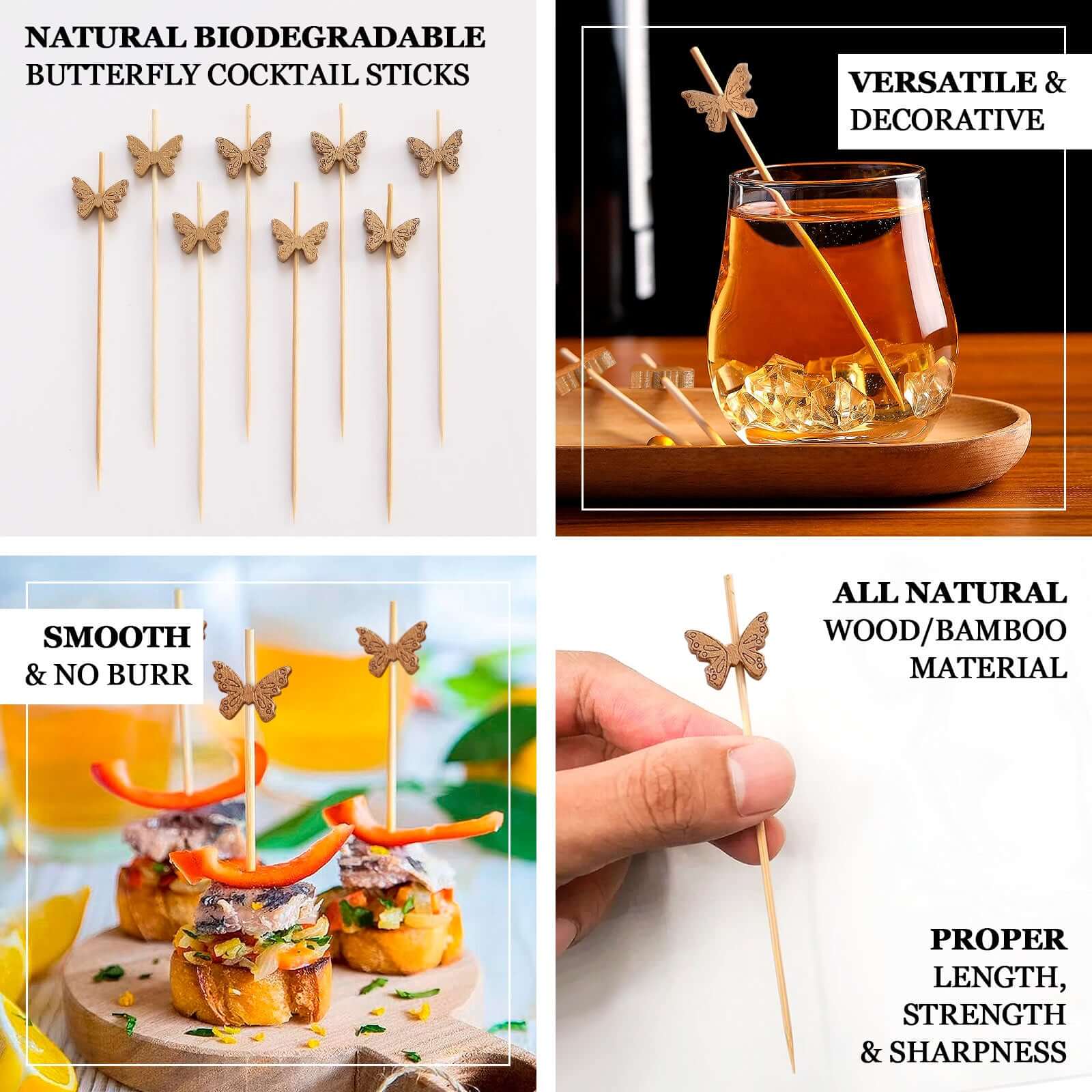 100-Pack Bamboo Cocktail Sticks Butterfly Design Eco Friendly Natural - Biodegradable Party Picks 5