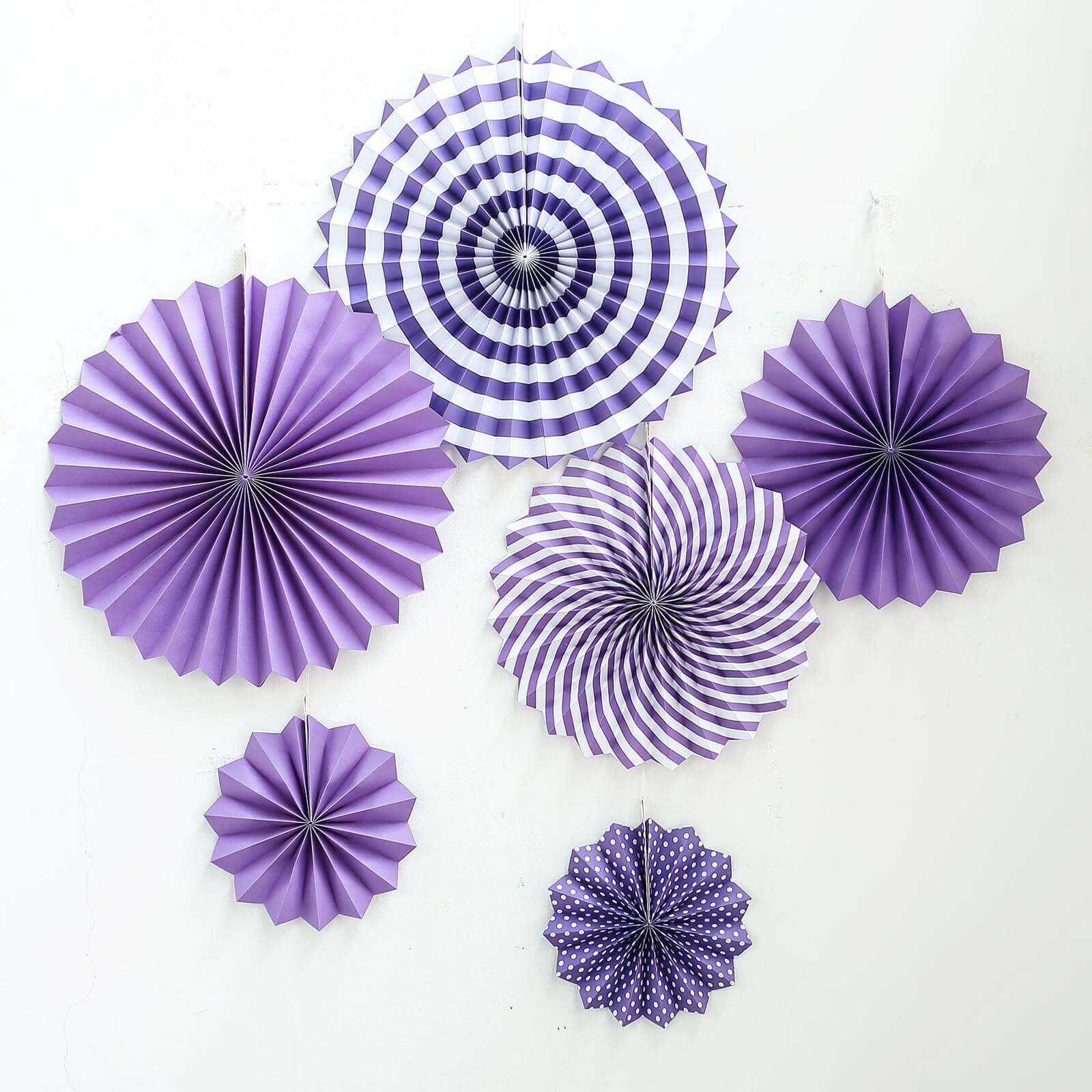 Set of 6 Purple Hanging Paper Fan Decorations, Pinwheel Wall Backdrop Party Kit - 8, 12, 16