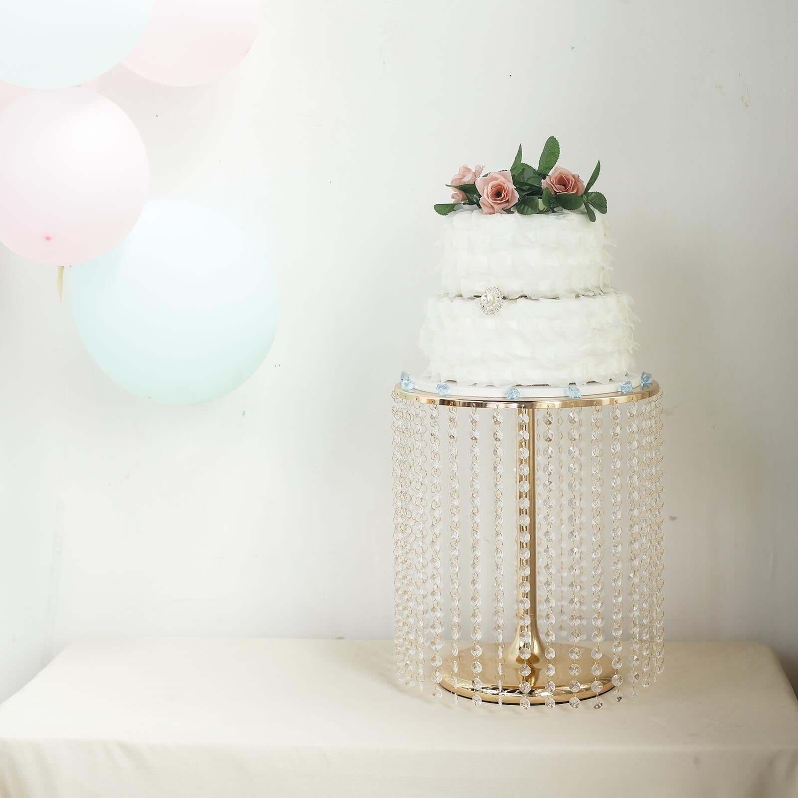 Metal Cake Stand Round Design Metallic Gold with Crystal Chains 14 Dia - Cupcake Dessert Pedestal 16Tall