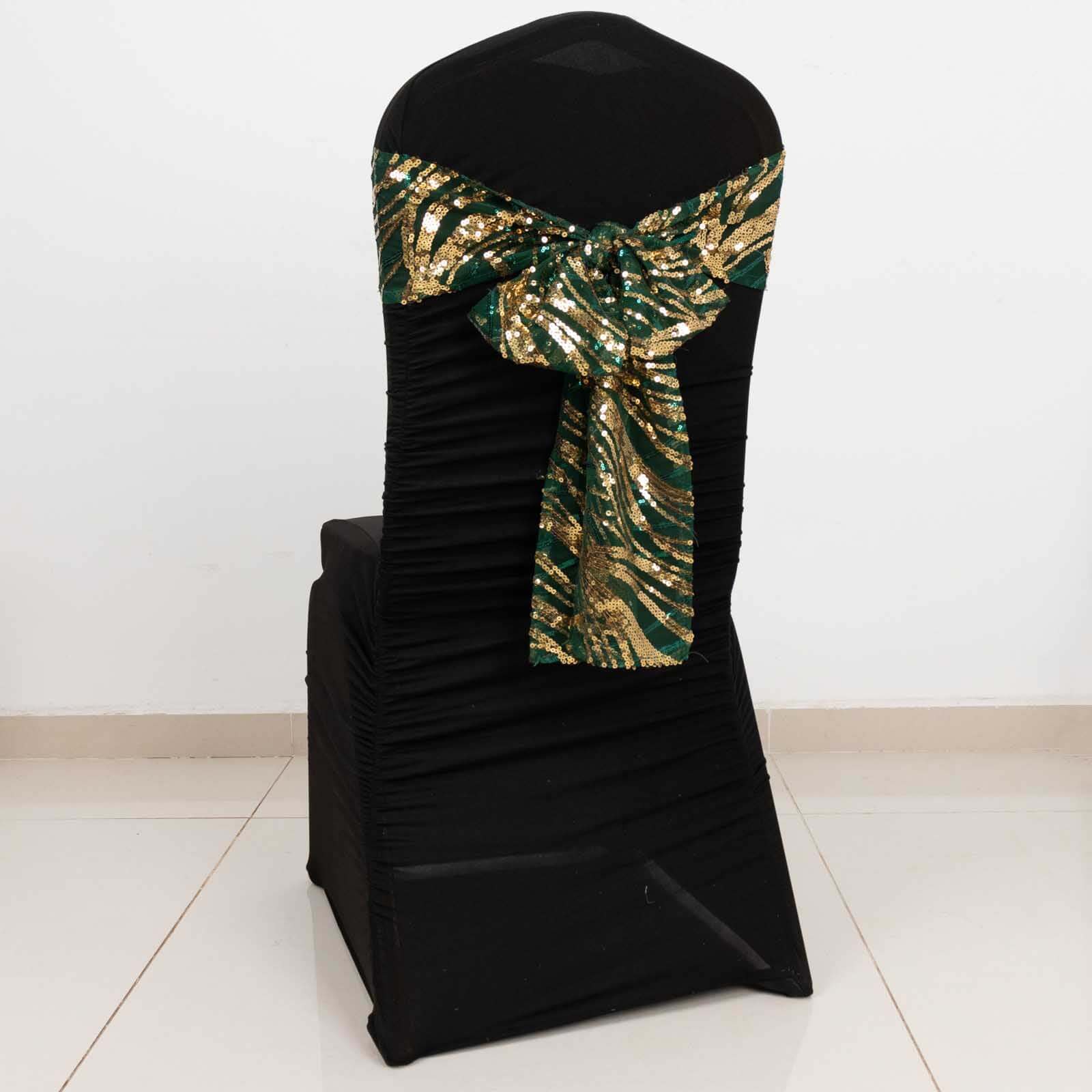 5 Pack Chair Sashes with Wave Embroidered Sequins Hunter Emerald Green/Gold 6x88