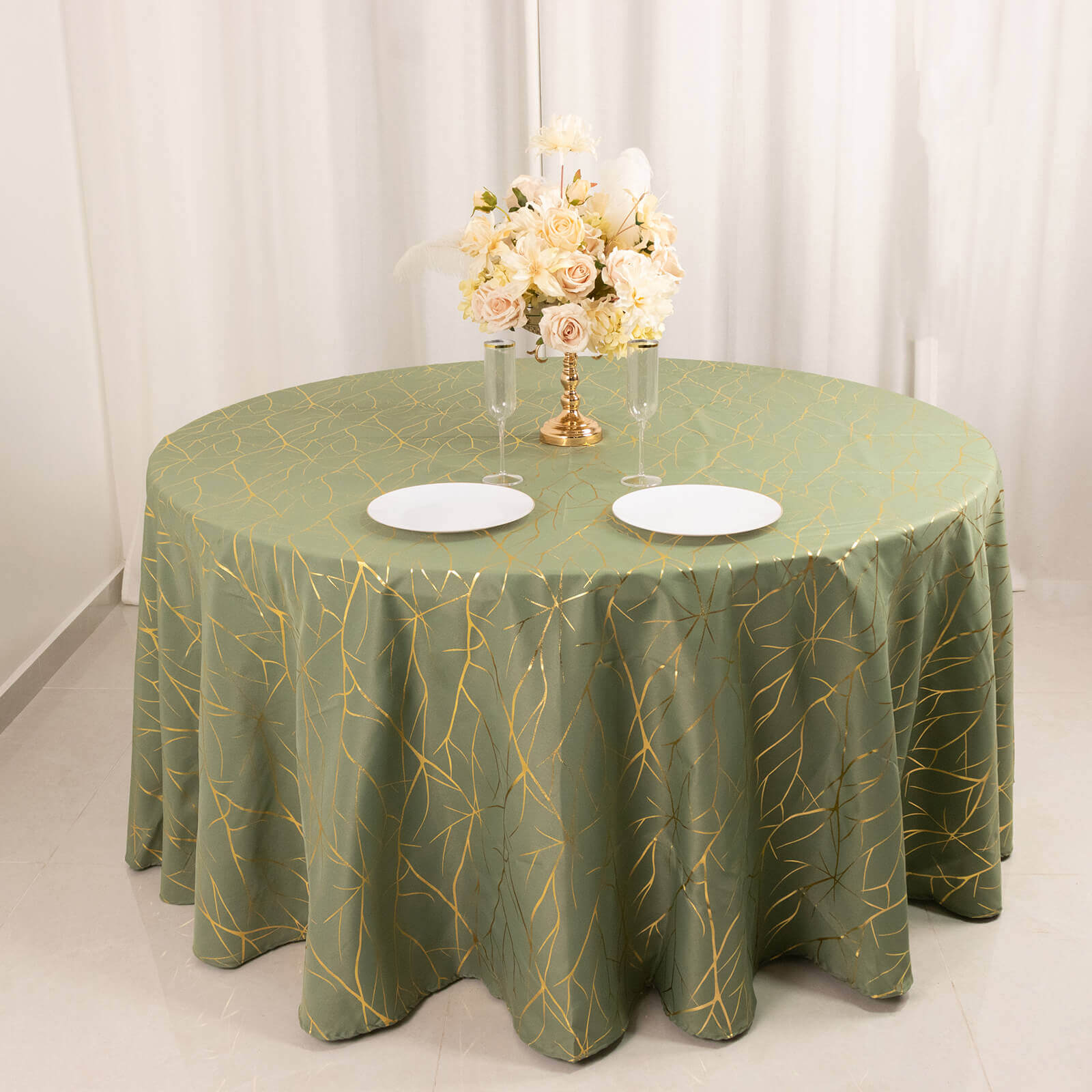 Polyester 120 Round Tablecloth Dusty Sage Green with Gold Foil Tree Branch Pattern - Wrinkle-Resistant Seamless Table Cover for Classy Events