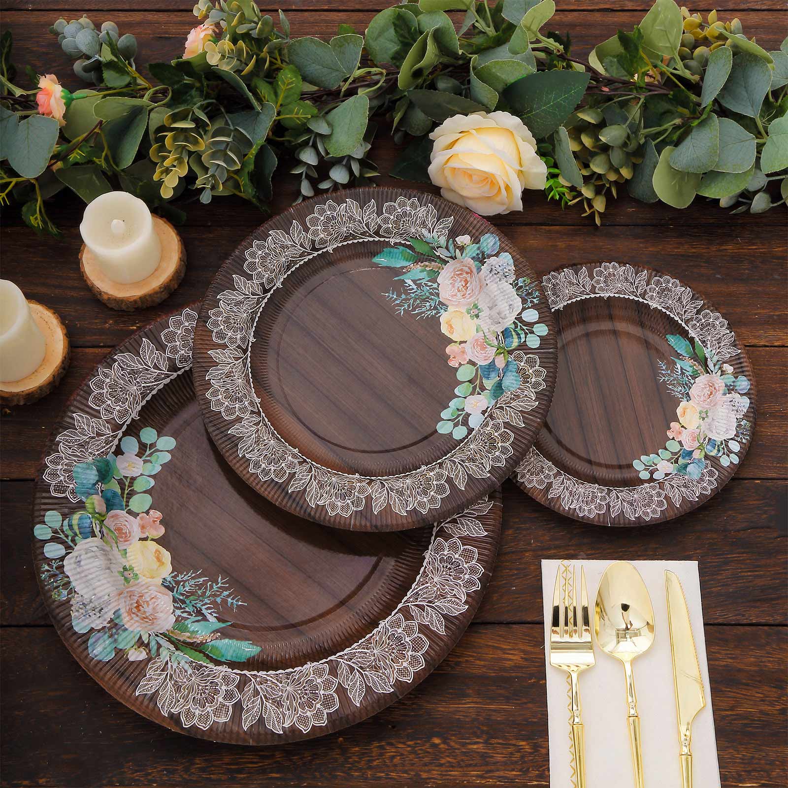 25-Pack Paper 10 Round Dinner Plates in Brown Wood Print with Floral Lace Rim - Disposable Party Plates for Farmhouse Weddings & Rustic Themes