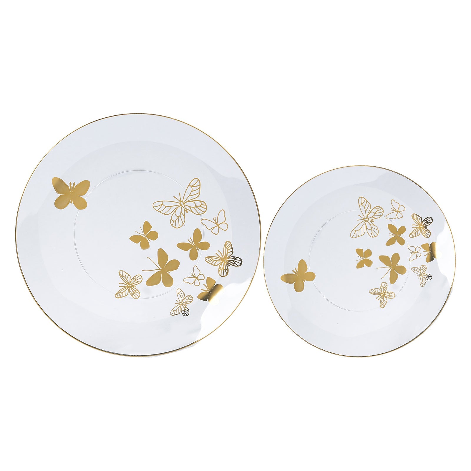 Set of 20 Plastic Round Dinner and Salad Plates in Clear with Gold Butterfly Design & Gold Rim - Stylish Disposable Dinnerware 8, 10