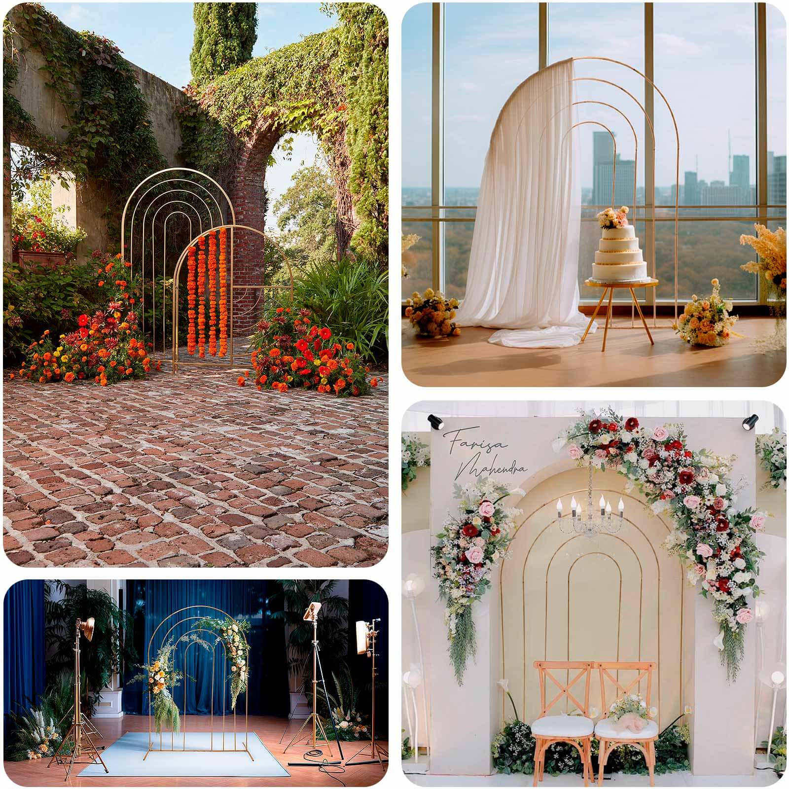 8ft Gold Metal Multi-Layered Round Top Wedding Arch, Rainbow Floral Frame Chiara Backdrop Stand