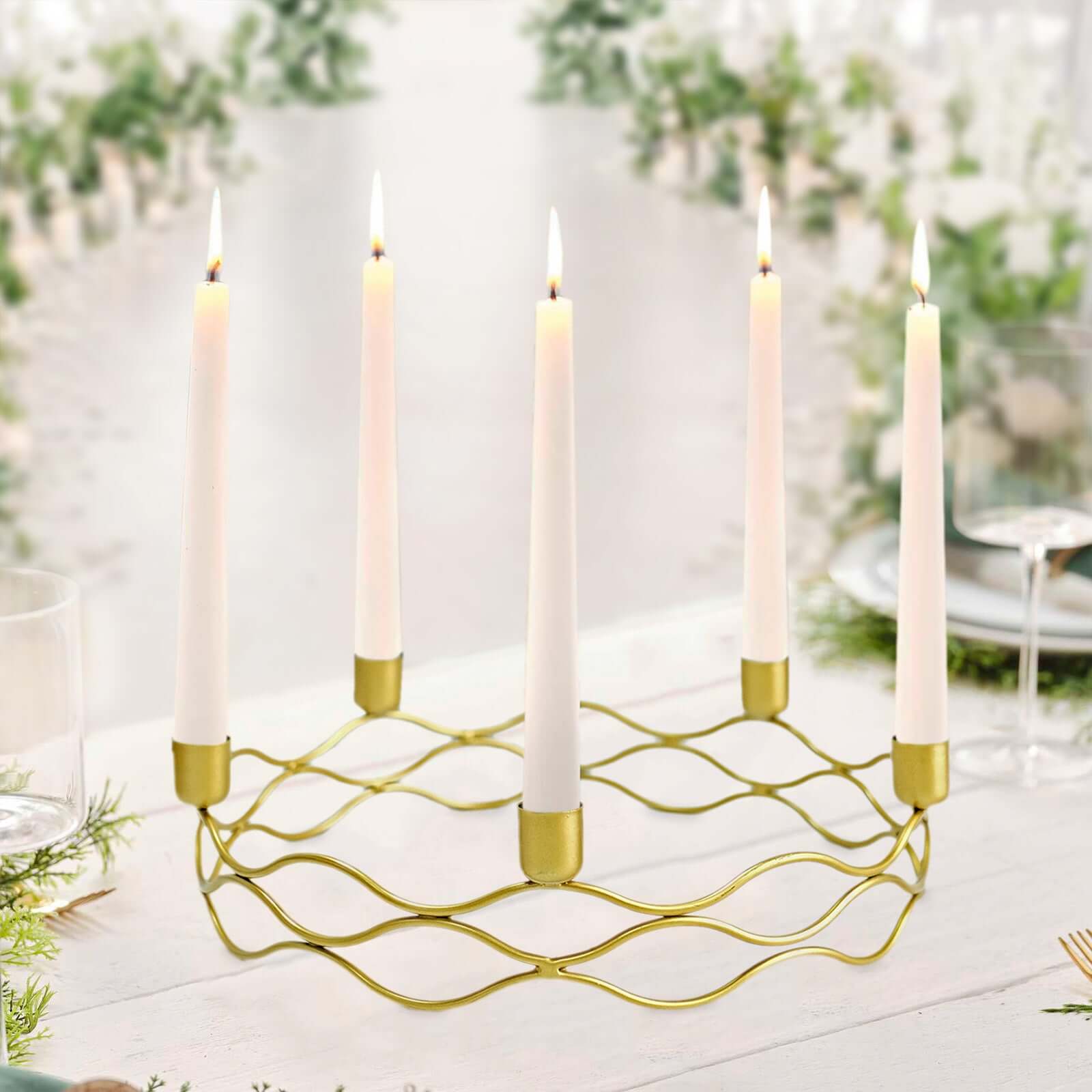 Round Wreath Taper Candelabra 5 Arm Gold Metal Decorative Centerpiece - Tabletop Candle Holder 12