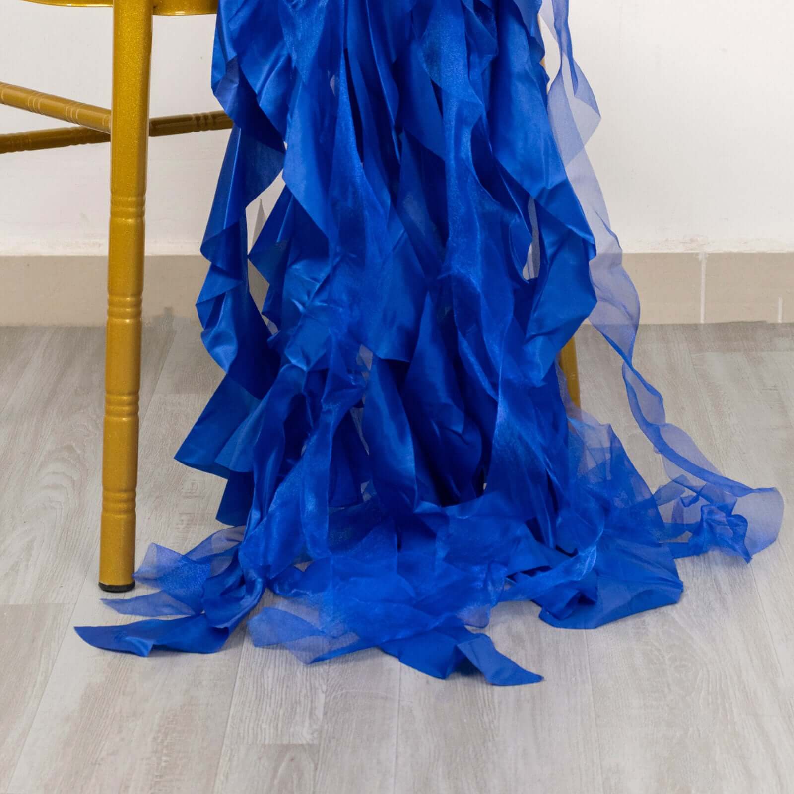 5 Pack Chiffon Satin Chair Sashes Royal Blue - Easy to Install Ruffled Curly Willow