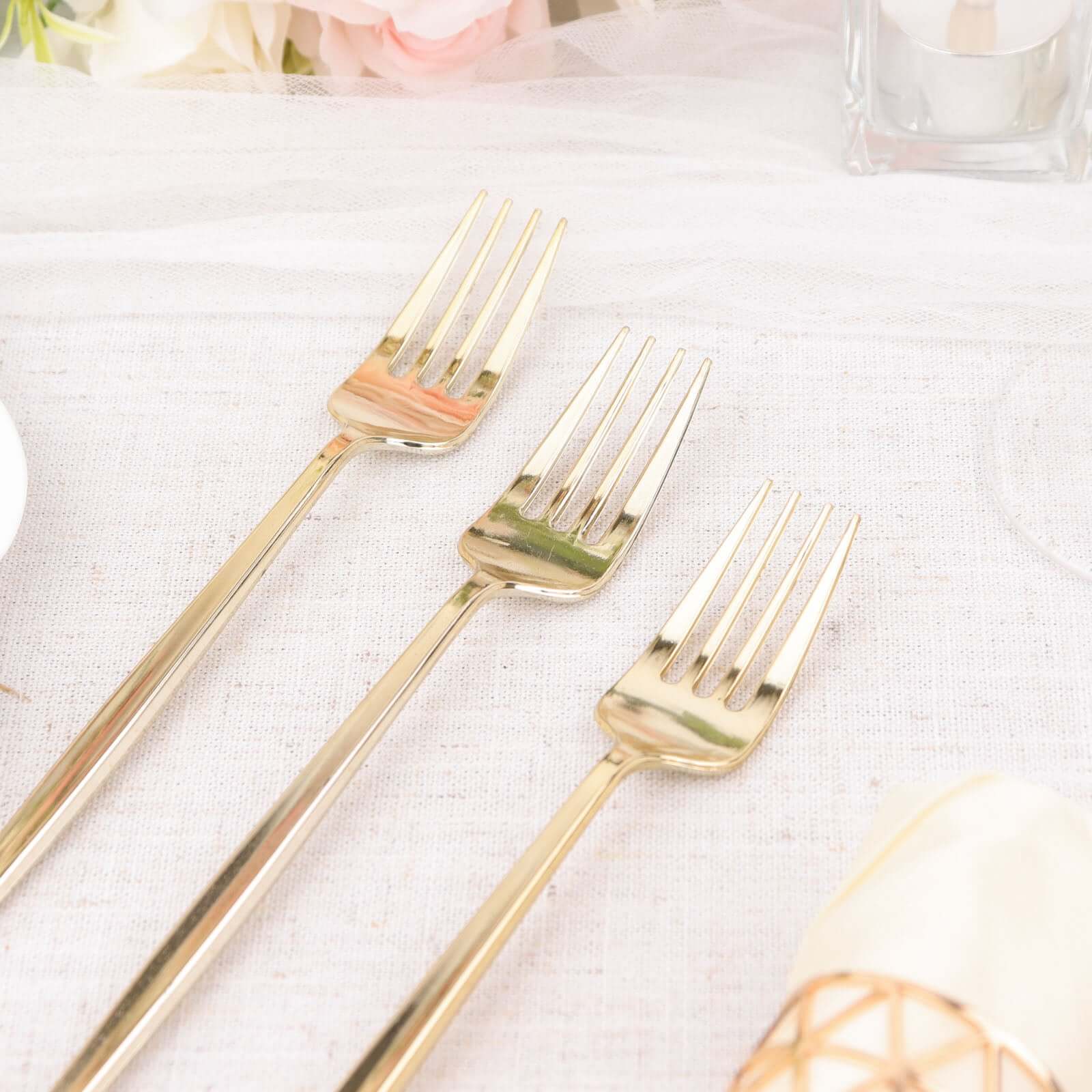 24 Pack 8 Glossy Gold Heavy Duty Plastic Silverware Forks Cutlery, Premium Disposable Sleek Flatware