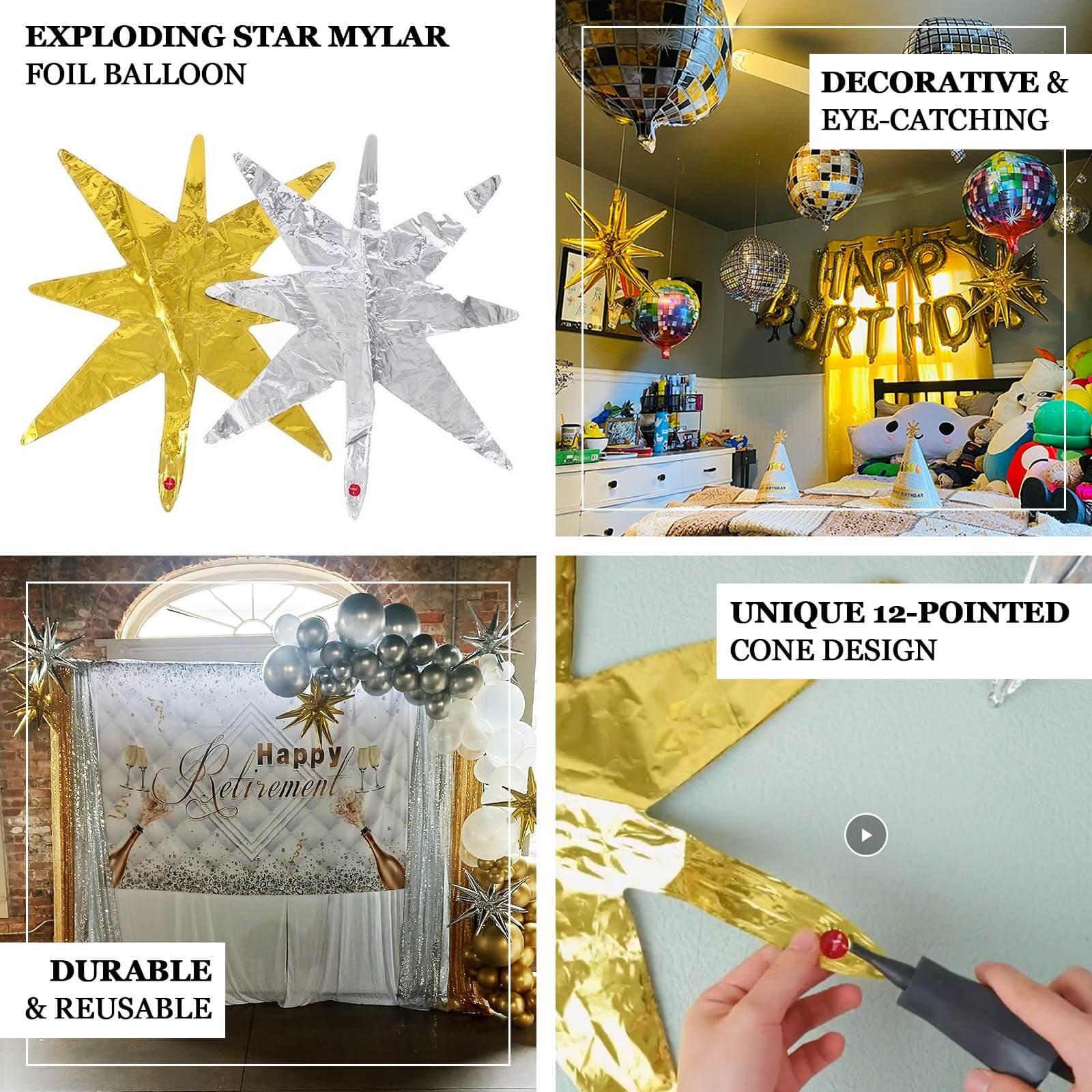 5 Pack Metallic Gold 14-Point Starburst Mylar Foil Balloons, 22 Fireworks Star Explosion Party Balloons