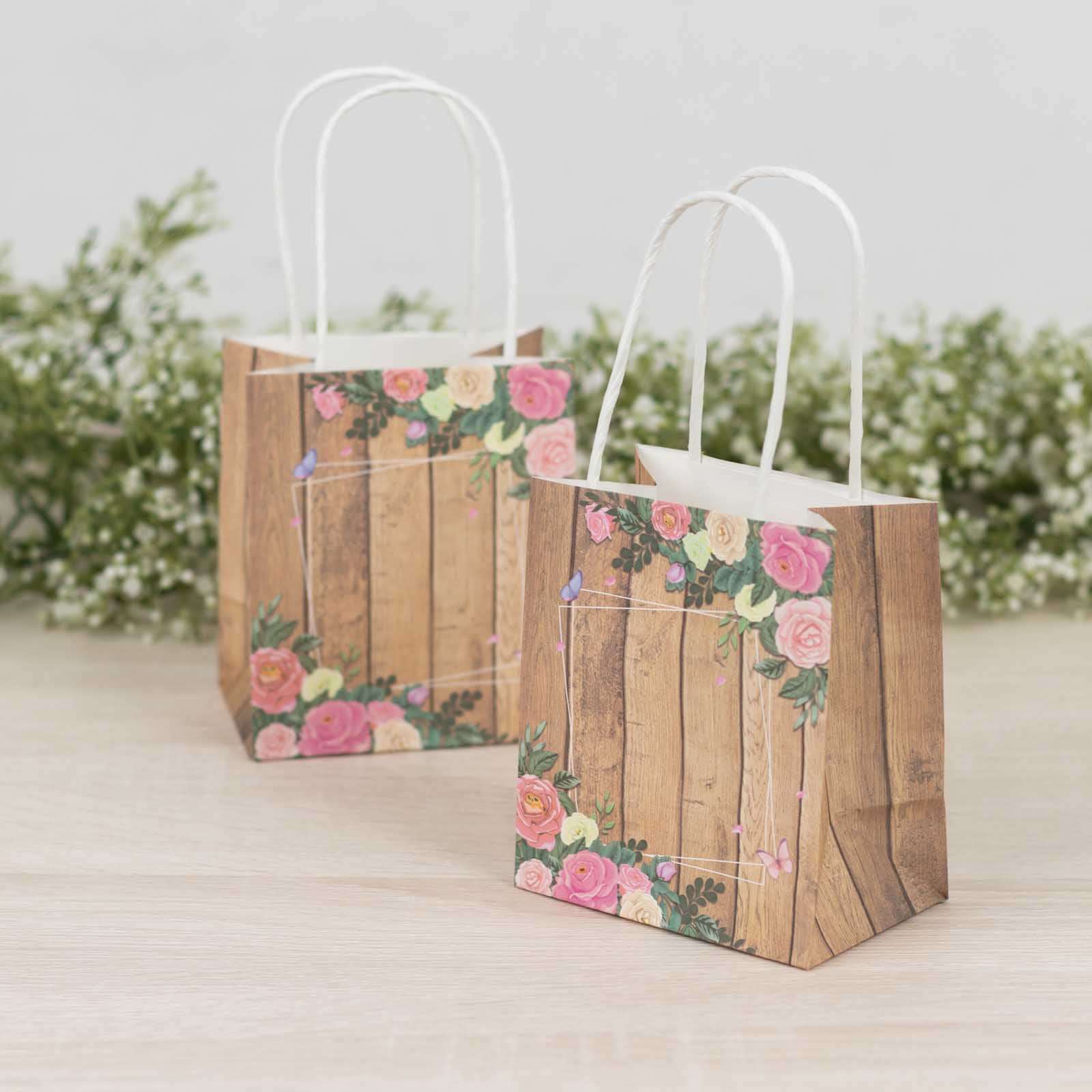 12 Pack Natural Wood Print Paper Party Favor Bags with Rose Floral Accent, Small Gift Goodie Bags With Handles - 4x5