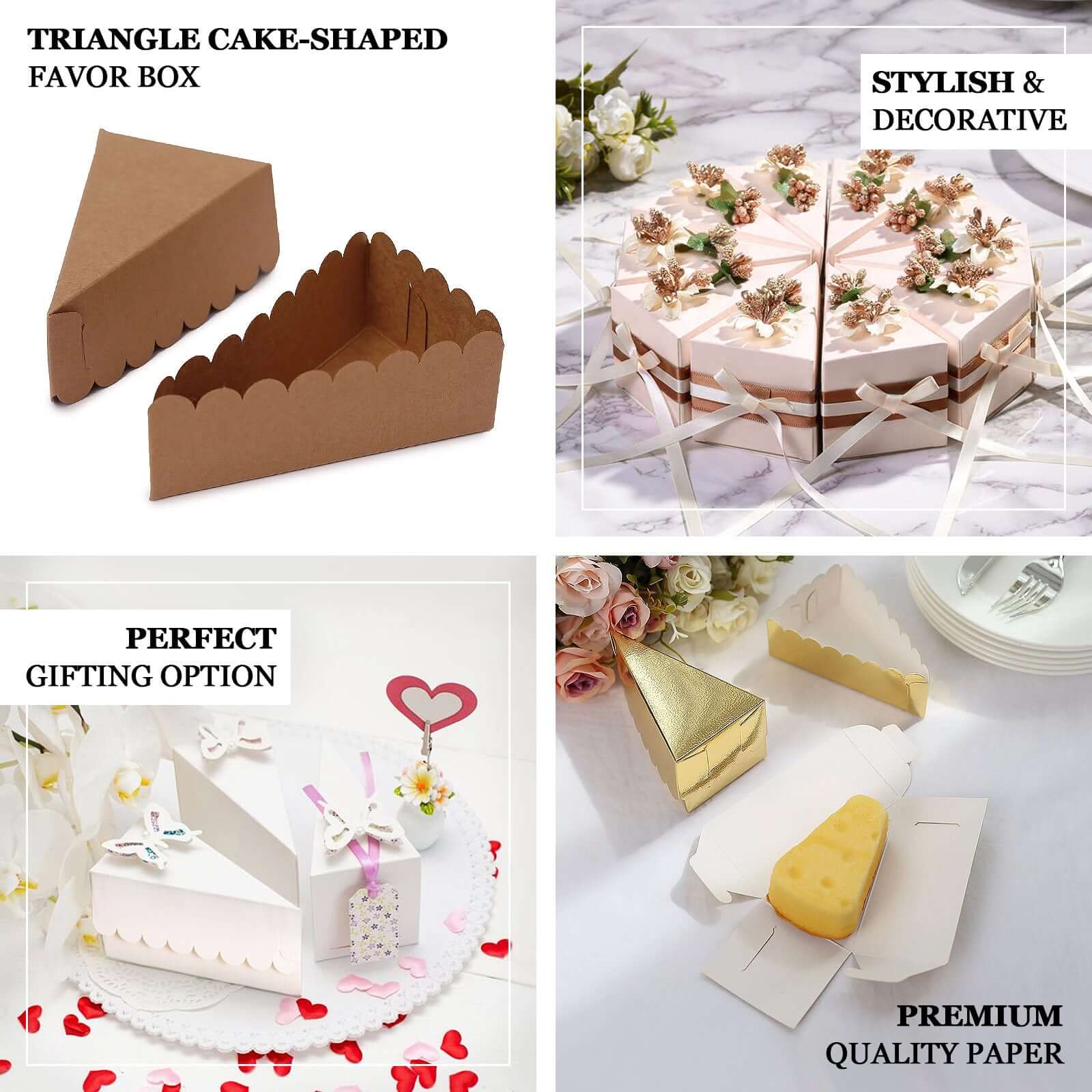 10-Pack Cardstock Triangle Cake Slice Boxes Natural with Scalloped Top - Decorative Takeaway Dessert Containers for Pie Snacks & Party Favors 5x3