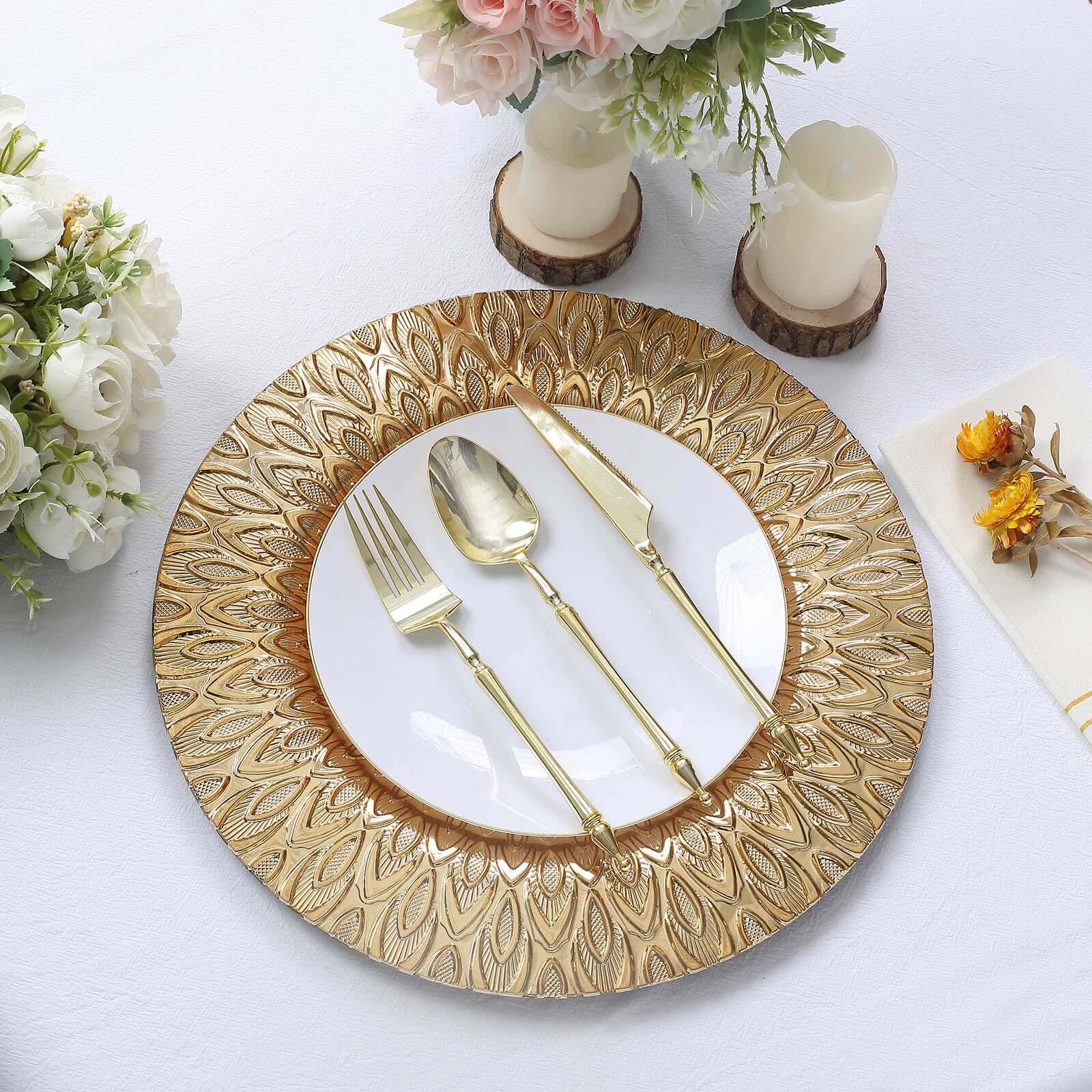 6-Pack Plastic Round Charger Plates 13 in Gold with Embossed Peacock Pattern, Stylish Disposable Charger Tableware