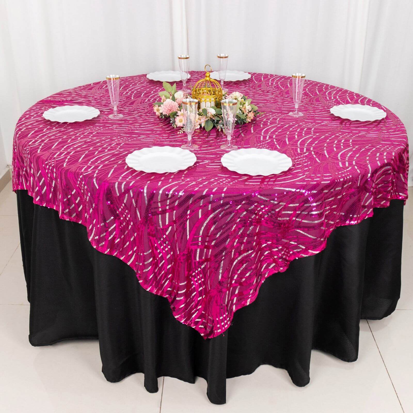 Mesh 72x72 Table Overlay Square Tablecloth Fuchsia Silver - Wave Embroidered Sequins Table Topper