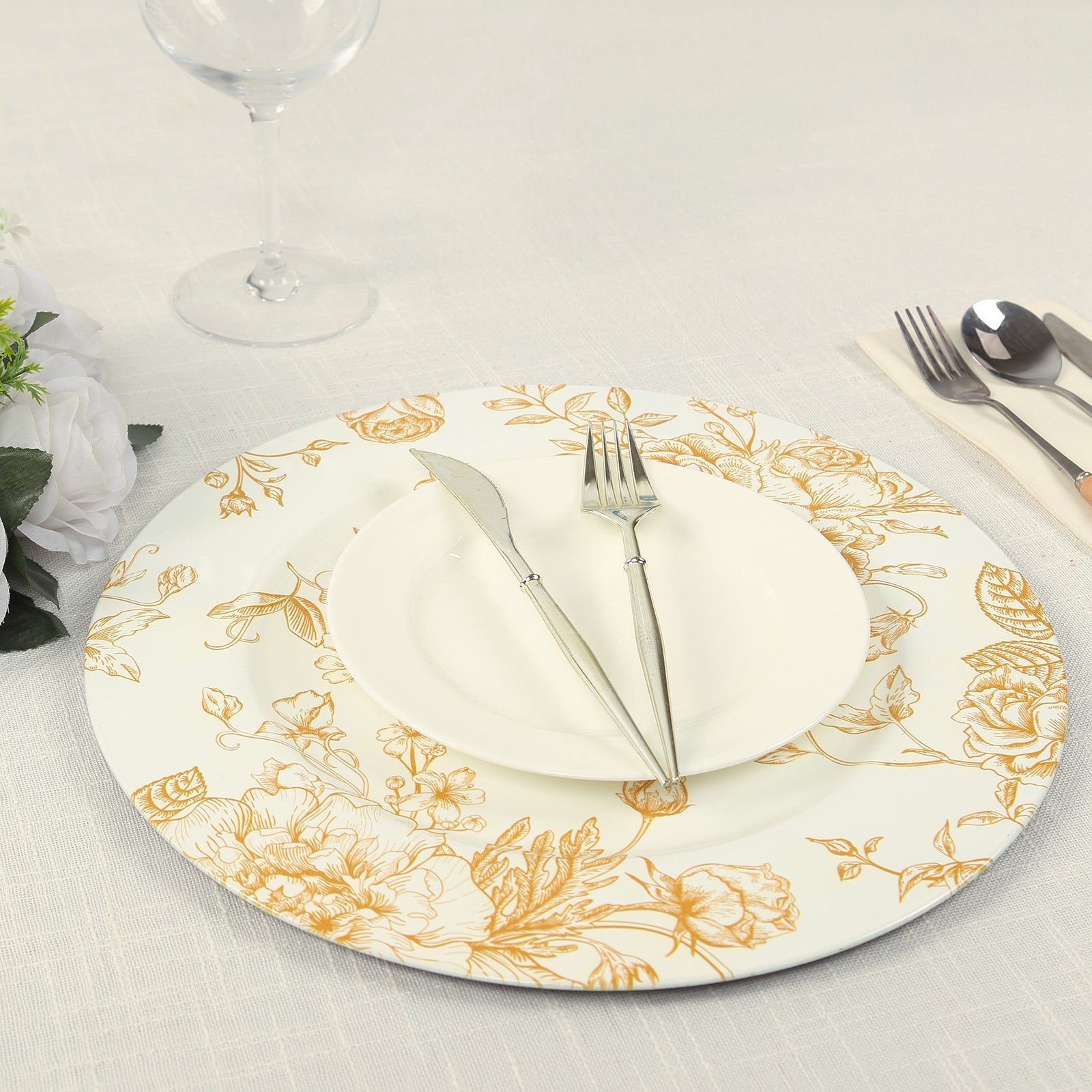 6-Pack Acrylic Round Charger Plates 13 in White with Gold Floral French Toile Pattern, Decorative Dinner Party Charger Tableware
