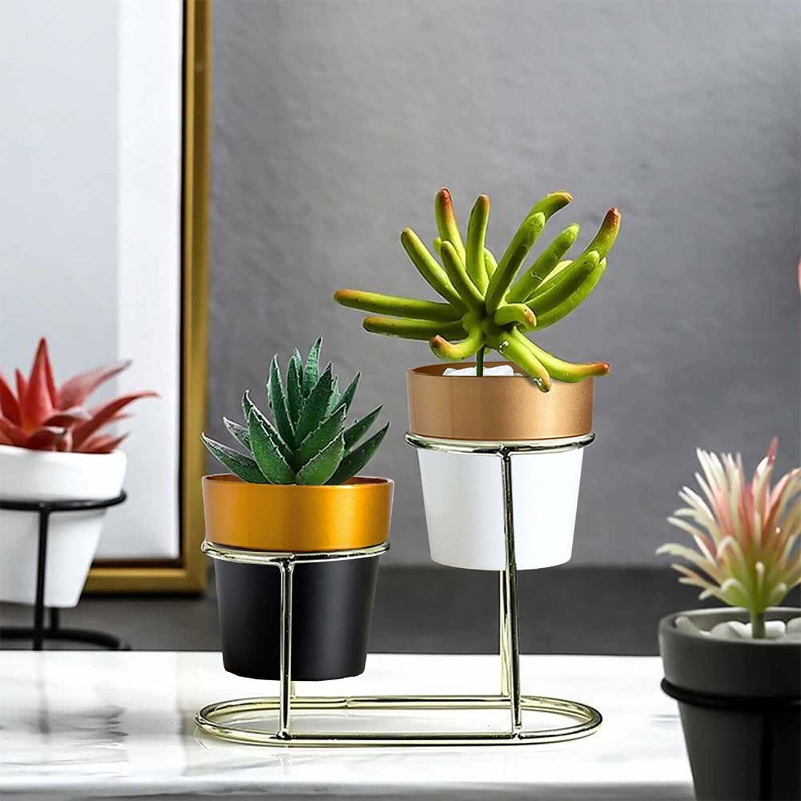 3-Pack Flower Plant Pots Small Design White with Gold Rim - Plastic Indoor Decorative Planters 3