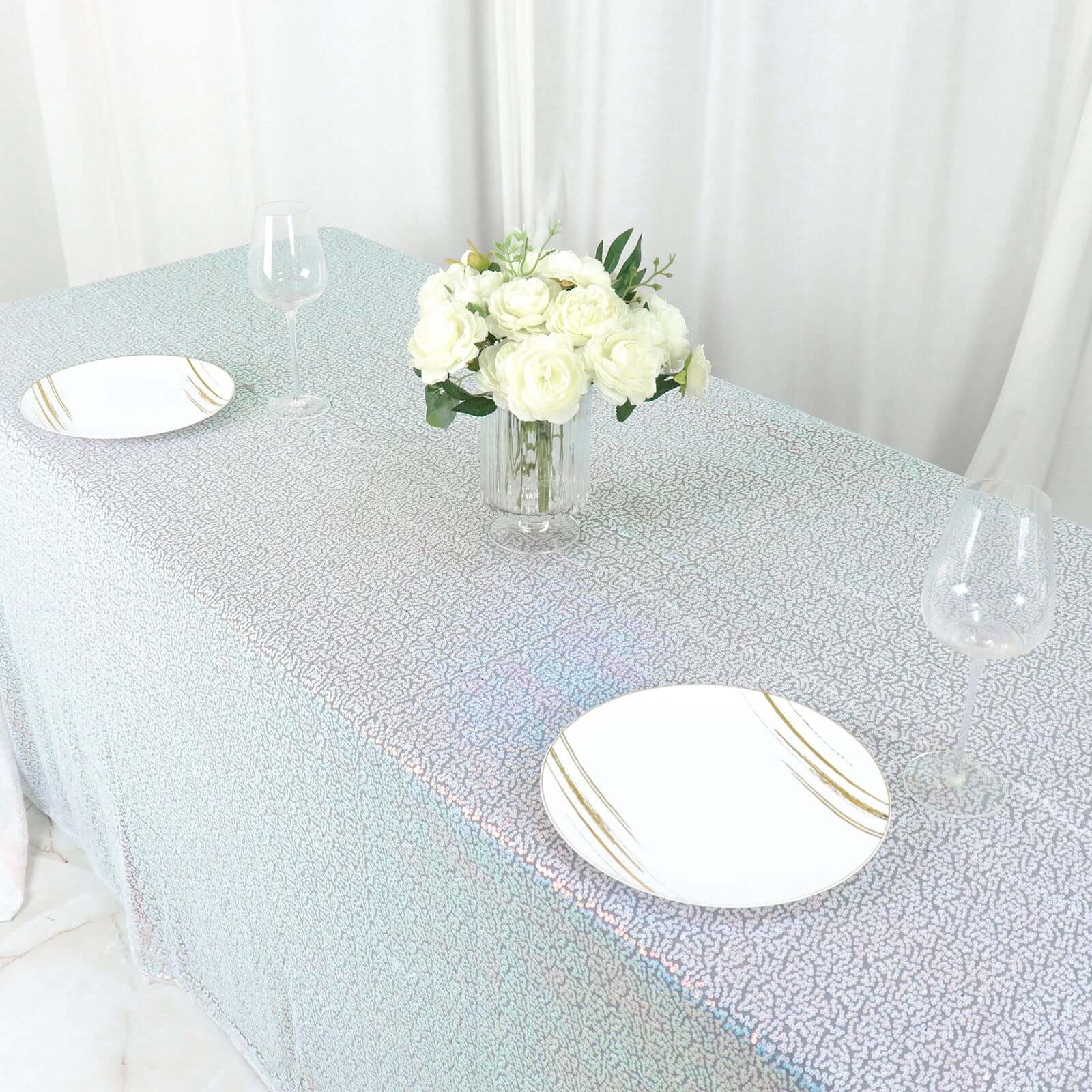 Sequin 90x156 Rectangle Tablecloth Iridescent Blue - Seamless Twinkling Table Cover