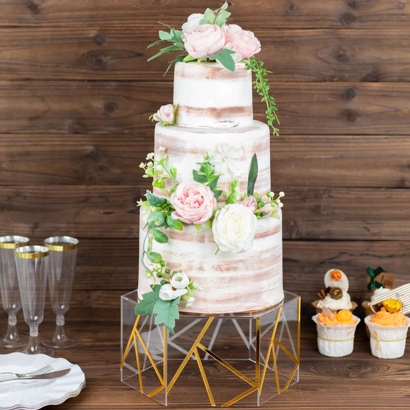 Acrylic Cake Stand Pedestal Riser Box Hexagonal Design Clear and Gold 10x5 - Decorative Event Display