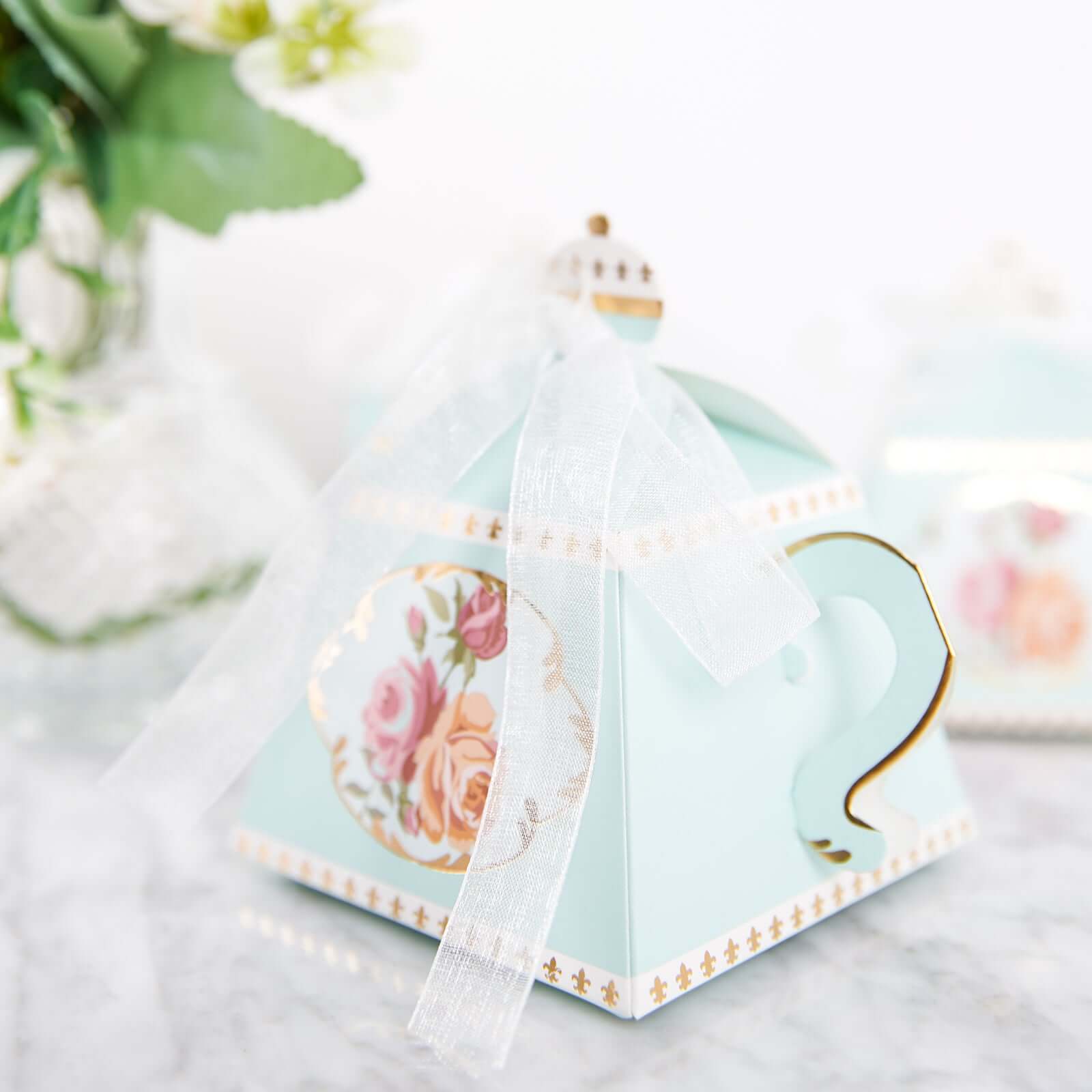 25 Pack 4 Light Turquoise Mini Teapot Favor Boxes, Vintage Rose Gift Boxes with Ribbons