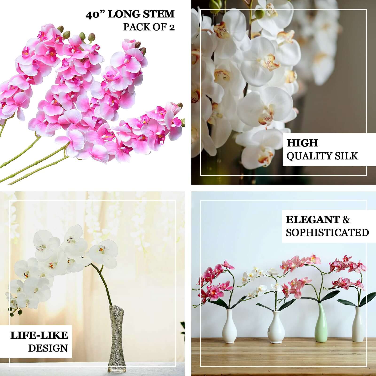 2 Stems 40 Tall Fuchsia Artificial Silk Orchid Flower Bouquets