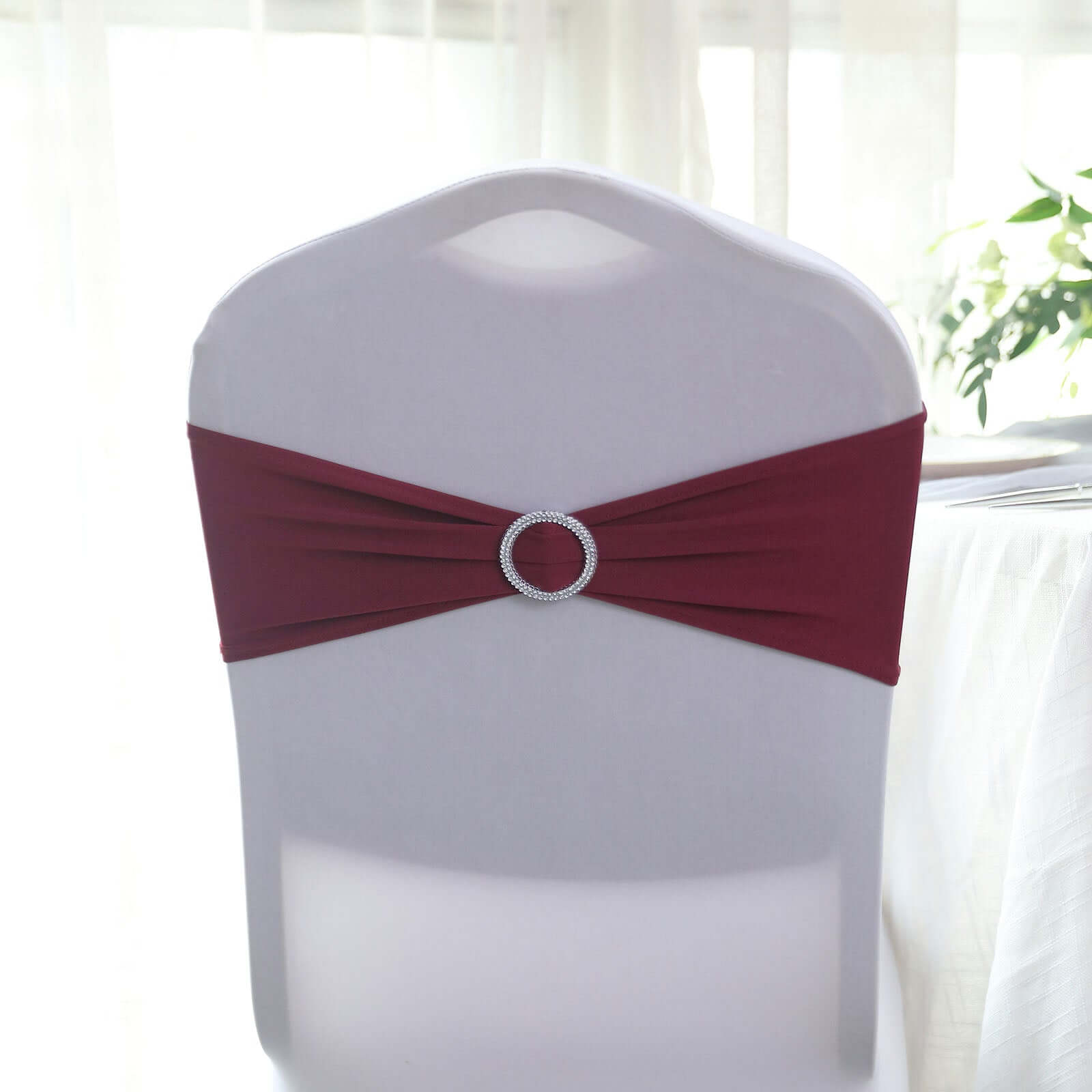 5 Pack Stretch Spandex Chair Sashes Burgundy - Reusable Chair Bands with Silver Diamond Ring Slide Buckle 5x14