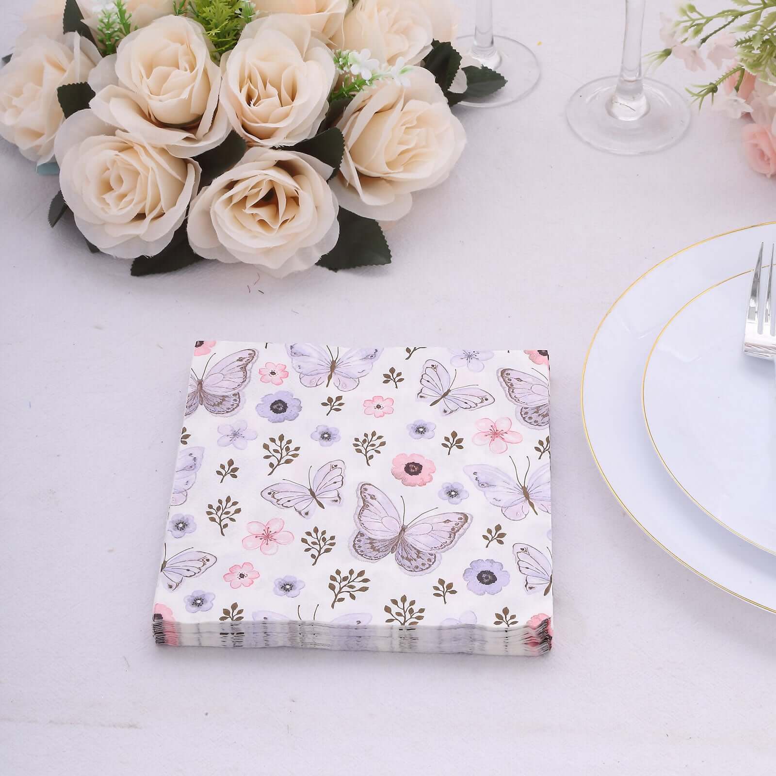 50-Pack Paper Beverage Napkins with Lavender Butterfly Floral Design Ivory - 2 Ply Soft 18GSM Garden Wedding Napkins 6.5x6.5