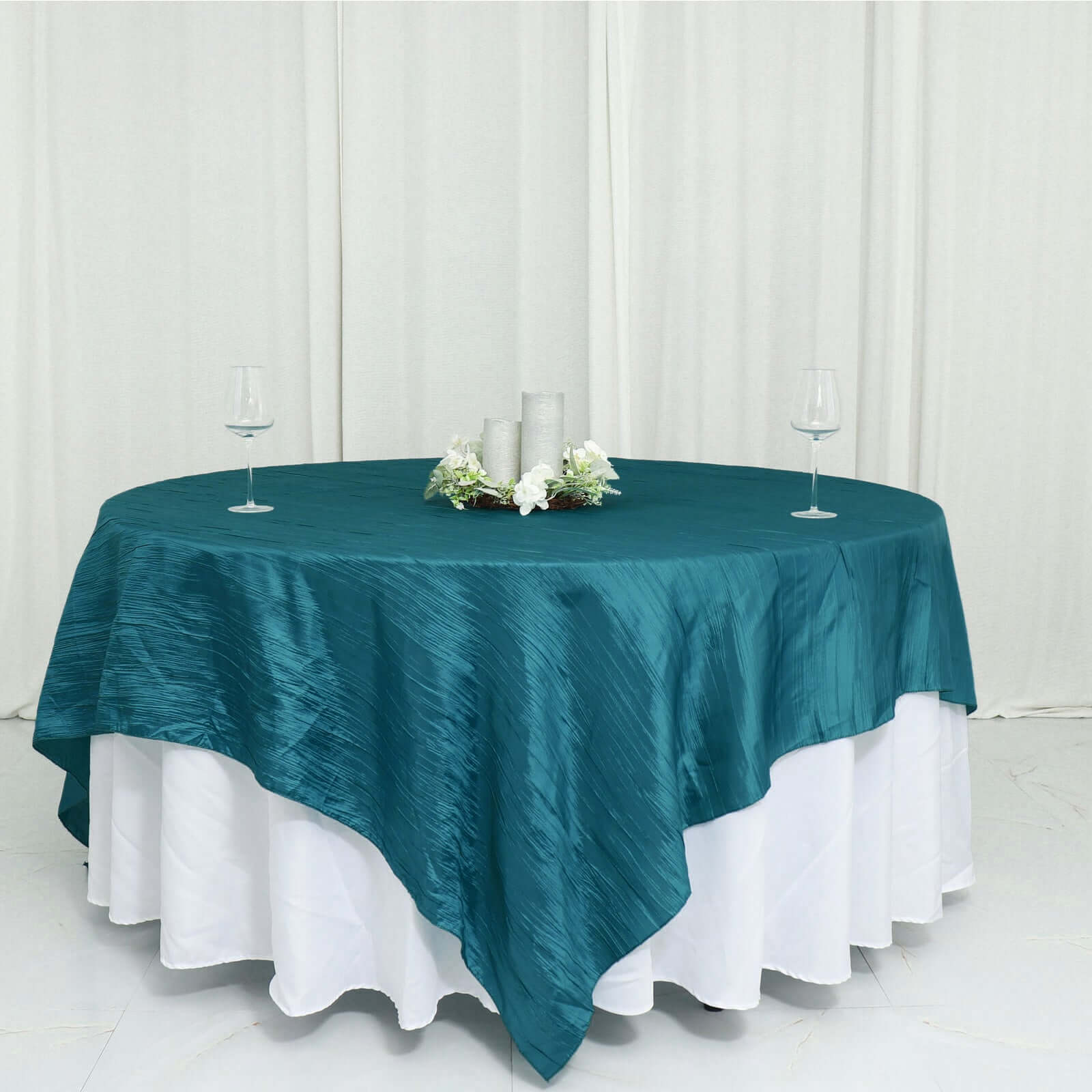 Taffeta 90x90 Table Overlay Square Tablecloth Peacock Teal - Accordion Crinkle Table Cover