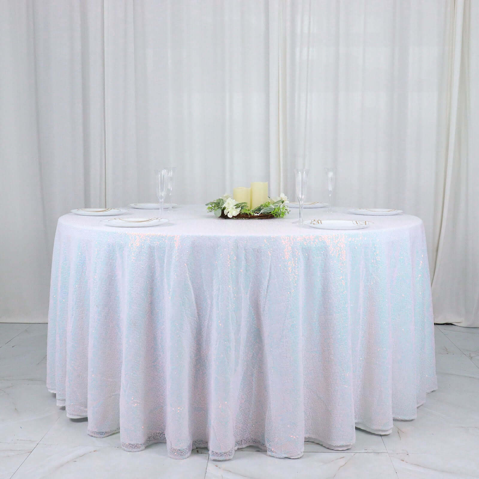 Sequin 132 Round Tablecloth Iridescent Blue - Seamless Dazzling Table Cover