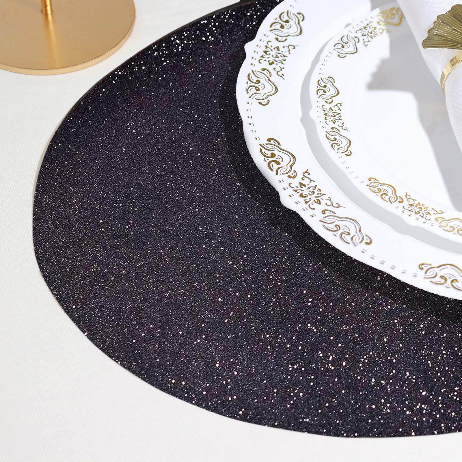 6-Pack Placemats Glitter Design Black Sparkle Oval - Non-Slip Decorative Table Mats for Dining 12x18