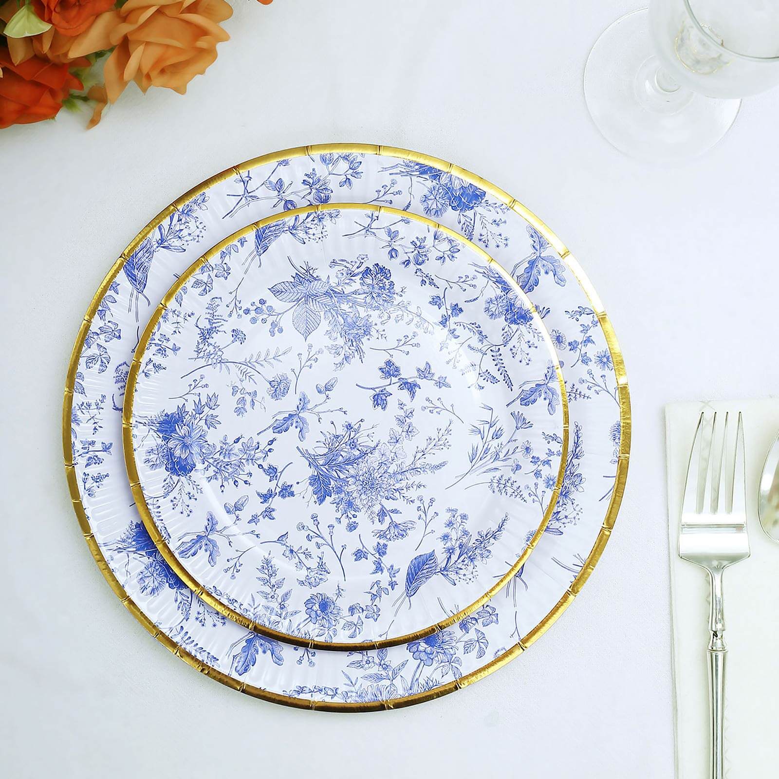 25-Pack Paper 7 Round Dessert Plates in White with Light Blue French Toile Pattern & Gold Rim - Disposable Salad Appetizer Plates for Luncheons & Garden Themes