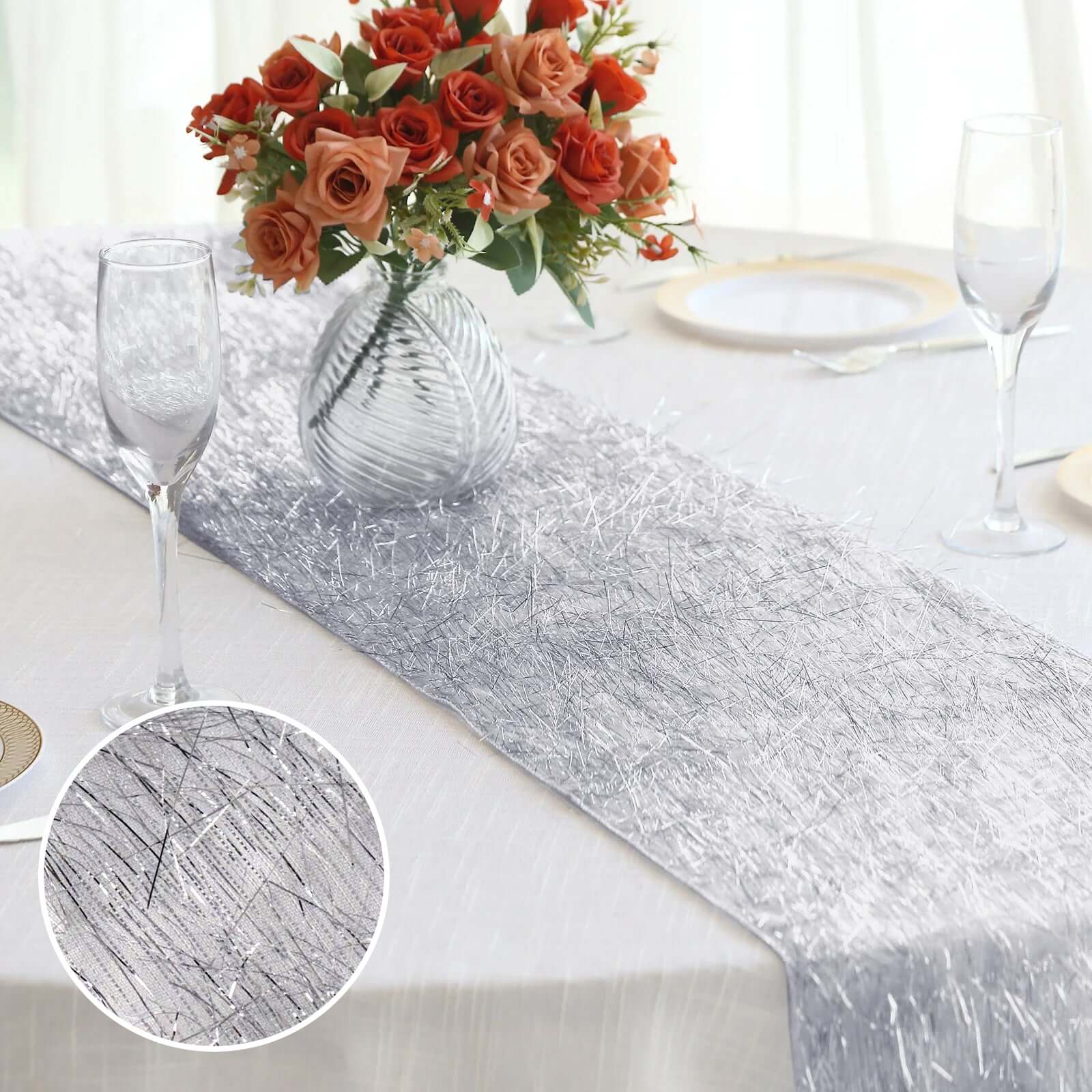 Metallic Tinsel Polyester 12x108 Table Runner Silver - Shimmery Fringe Shag Table Decor